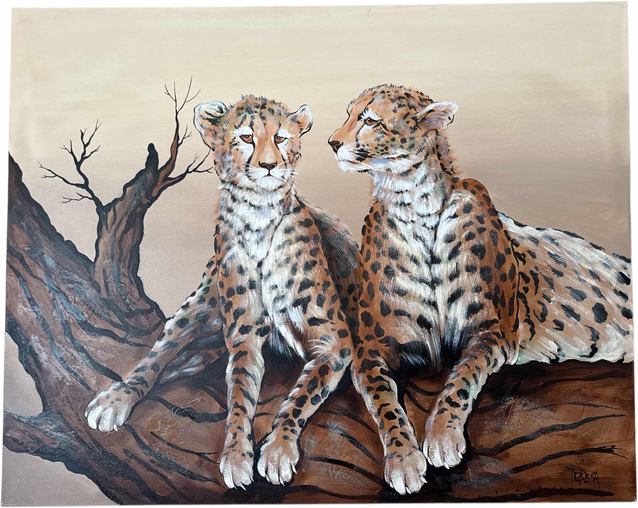 Photo 1 of VINTAGE TWO CHEETAHS PAINTING BY TERESA 
W50” X L40”
