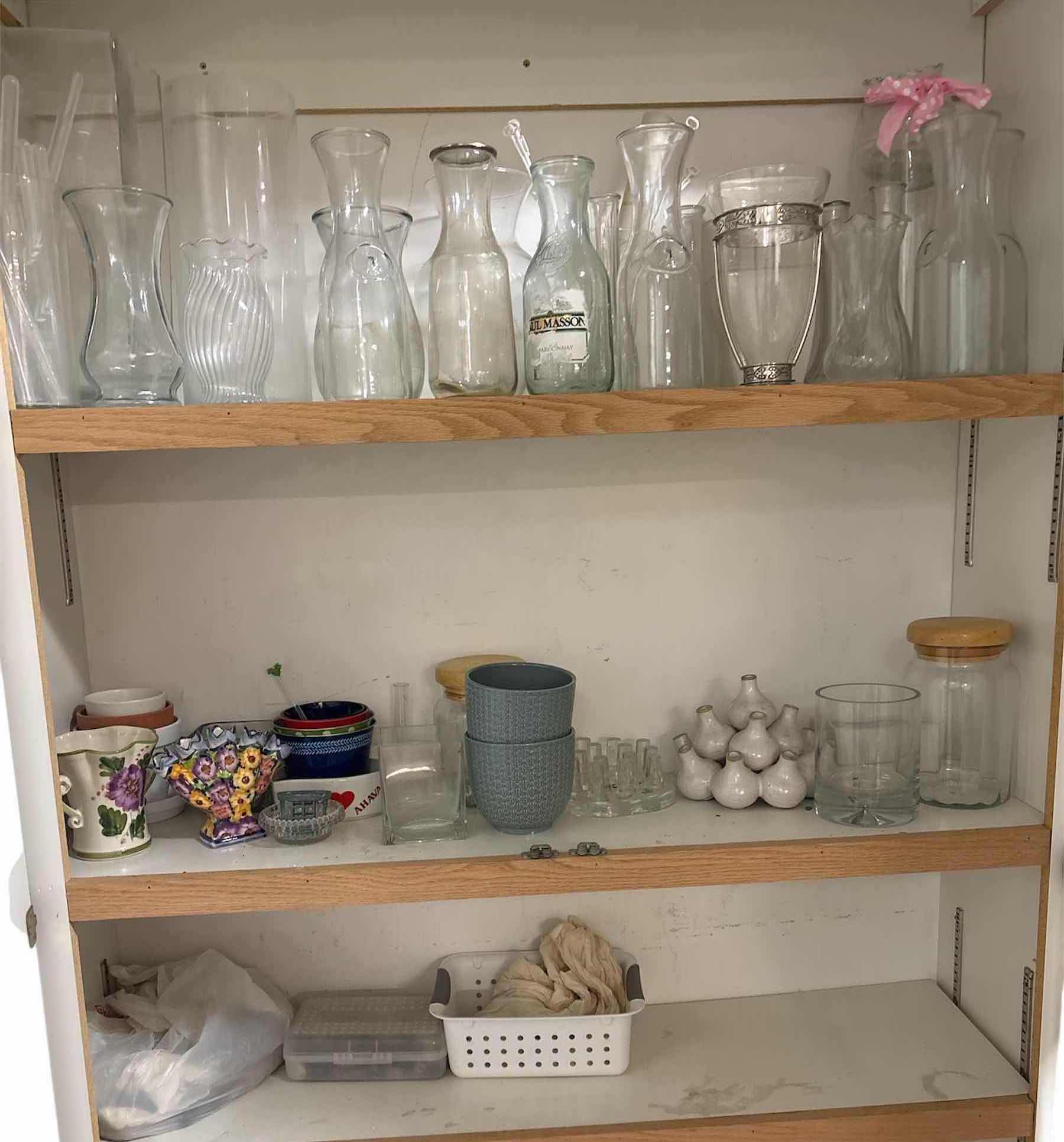 Photo 1 of CONTENTS OF CABINET- GLASS VASES, CARAFES JARS & MORE