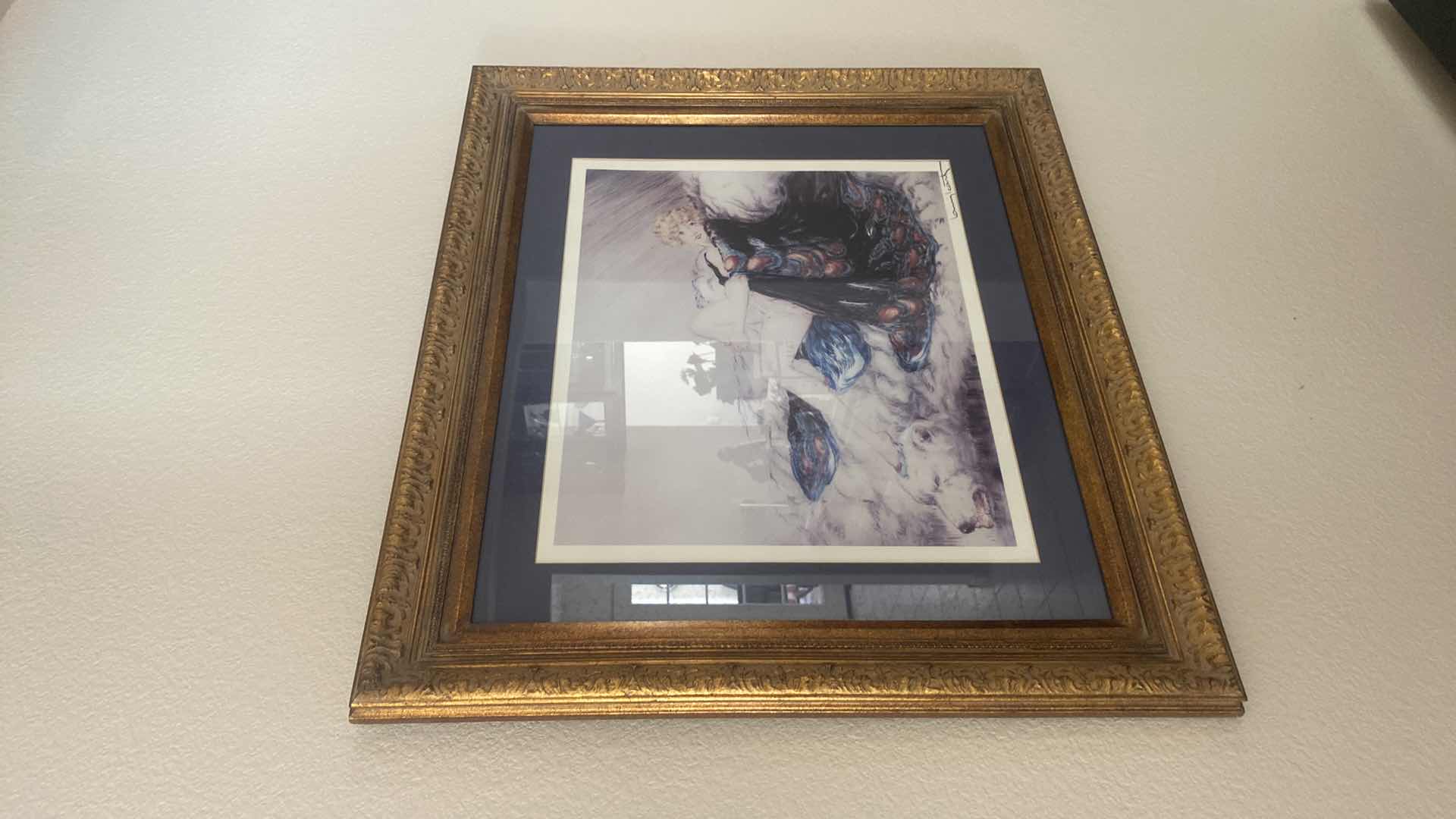 Photo 1 of VINTAGE ORNATE GOLD WOOD FRAMED LOUIS ICART SIGNED LITHOGRAPH WOMAN BEARSKIN RUG PEACOCK FEATHERS ARTWORK 29” x 25”
