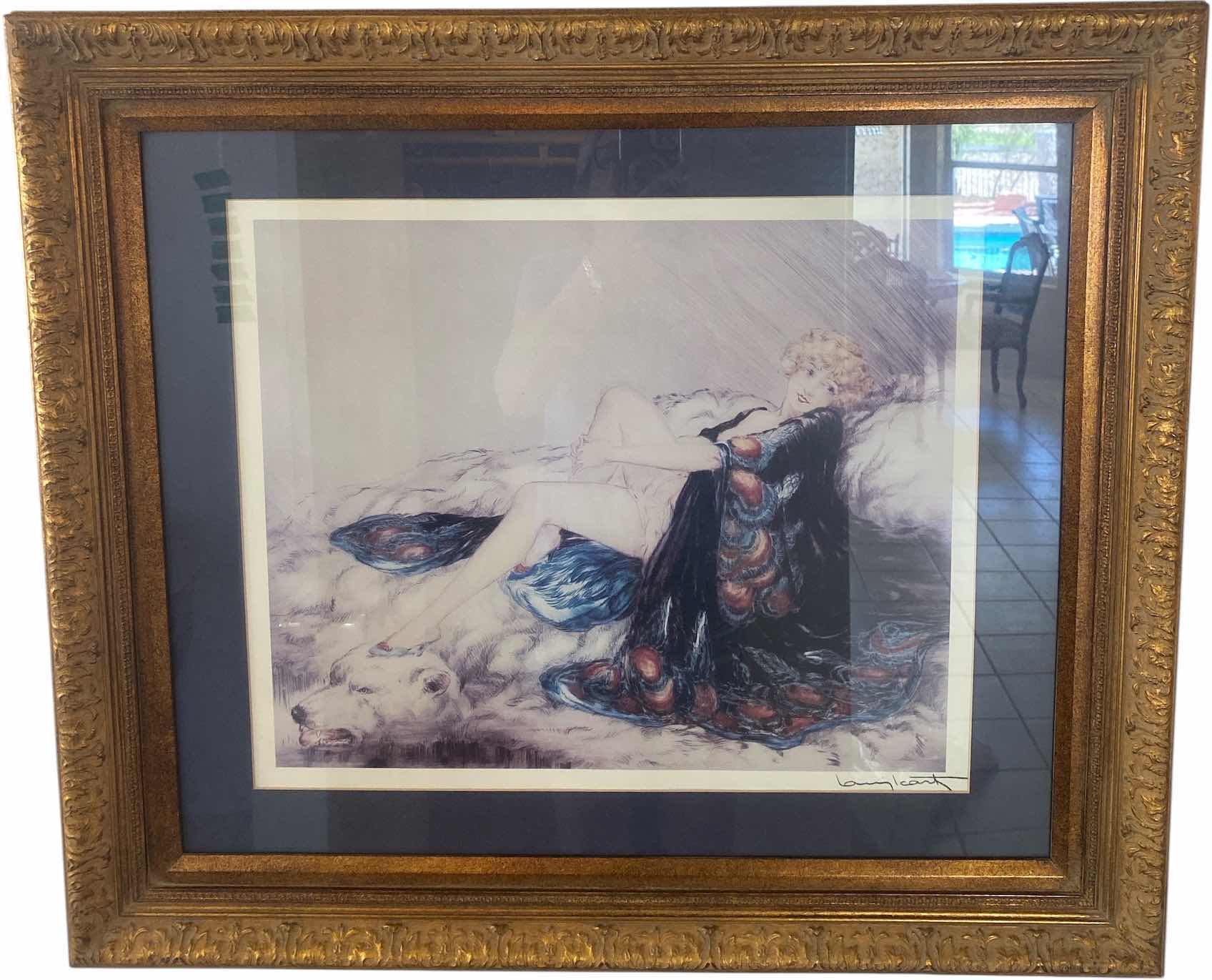 Photo 1 of VINTAGE ORNATE GOLD WOOD FRAMED LOUIS ICART SIGNED LITHOGRAPH WOMAN BEARSKIN RUG PEACOCK FEATHERS ARTWORK 29” x 25”