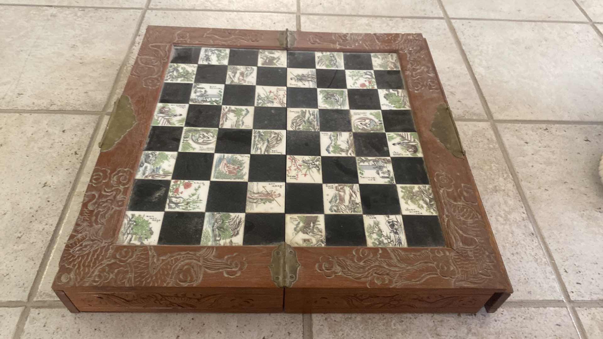 Photo 1 of VINTAGE CHINESE CARVED WOOD CHESS SET 18” x 18”
