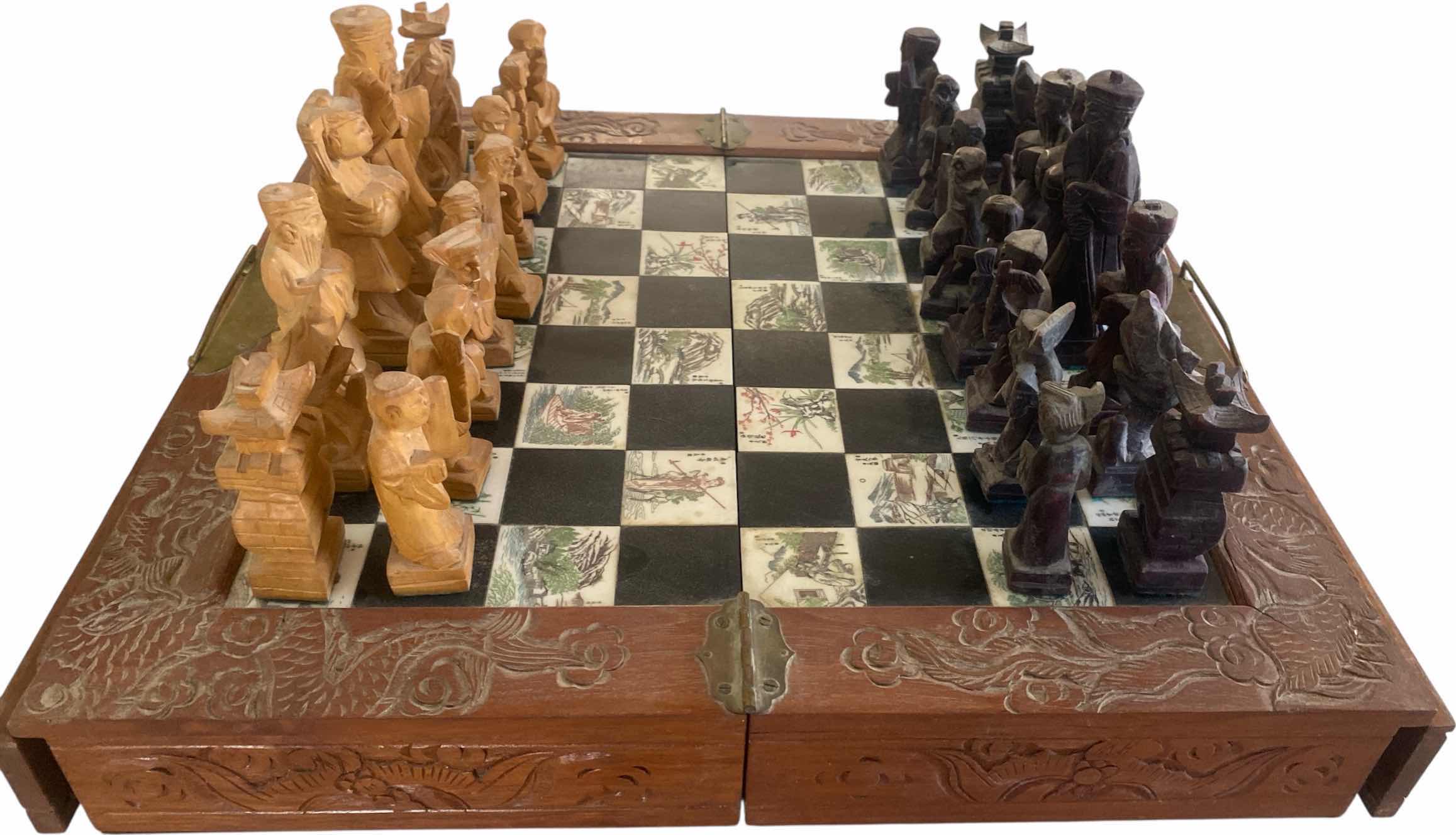 Photo 1 of VINTAGE CHINESE CARVED WOOD CHESS SET 18” x 18”