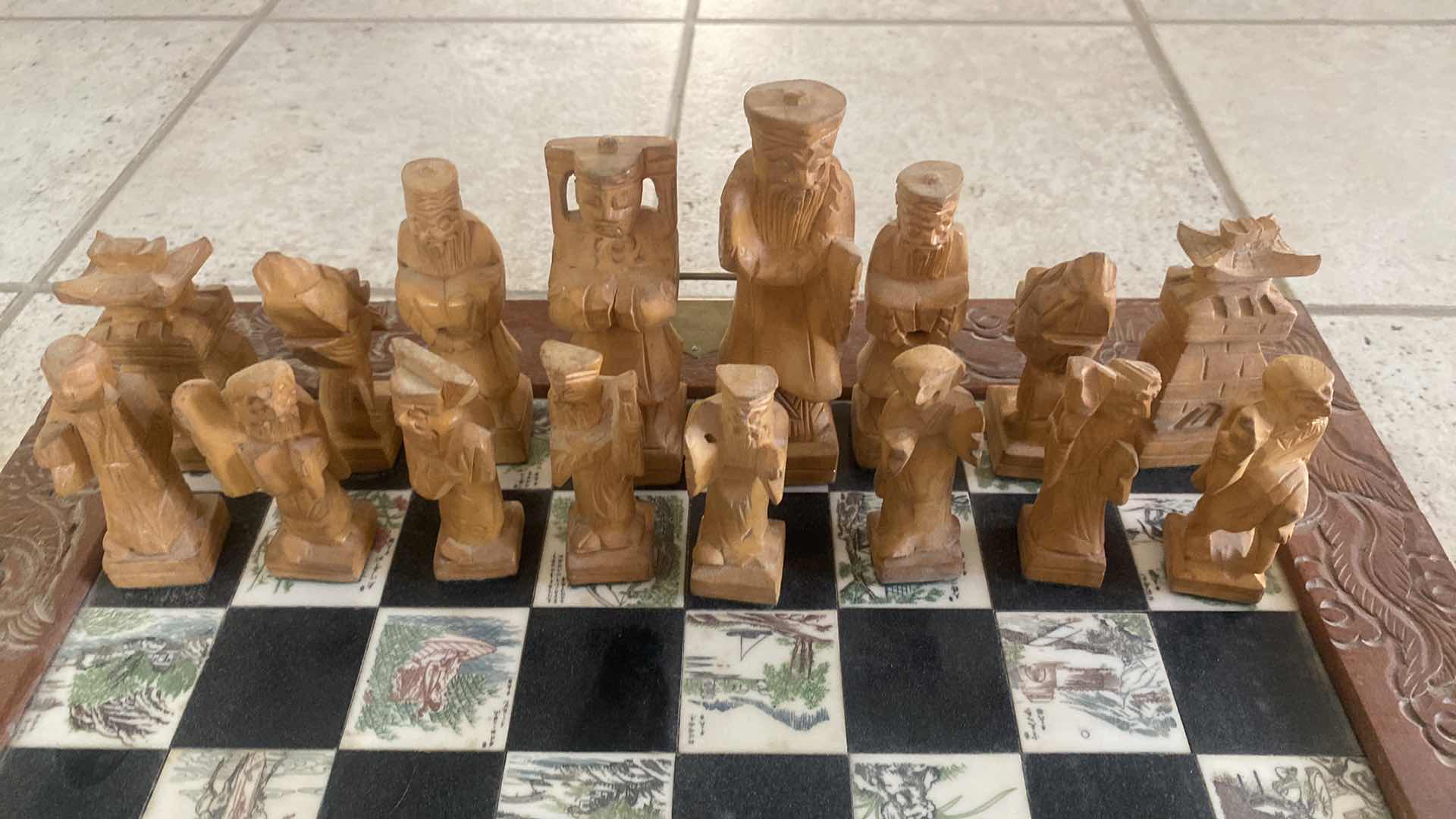 Photo 1 of VINTAGE CHINESE CARVED WOOD CHESS SET 18” x 18”