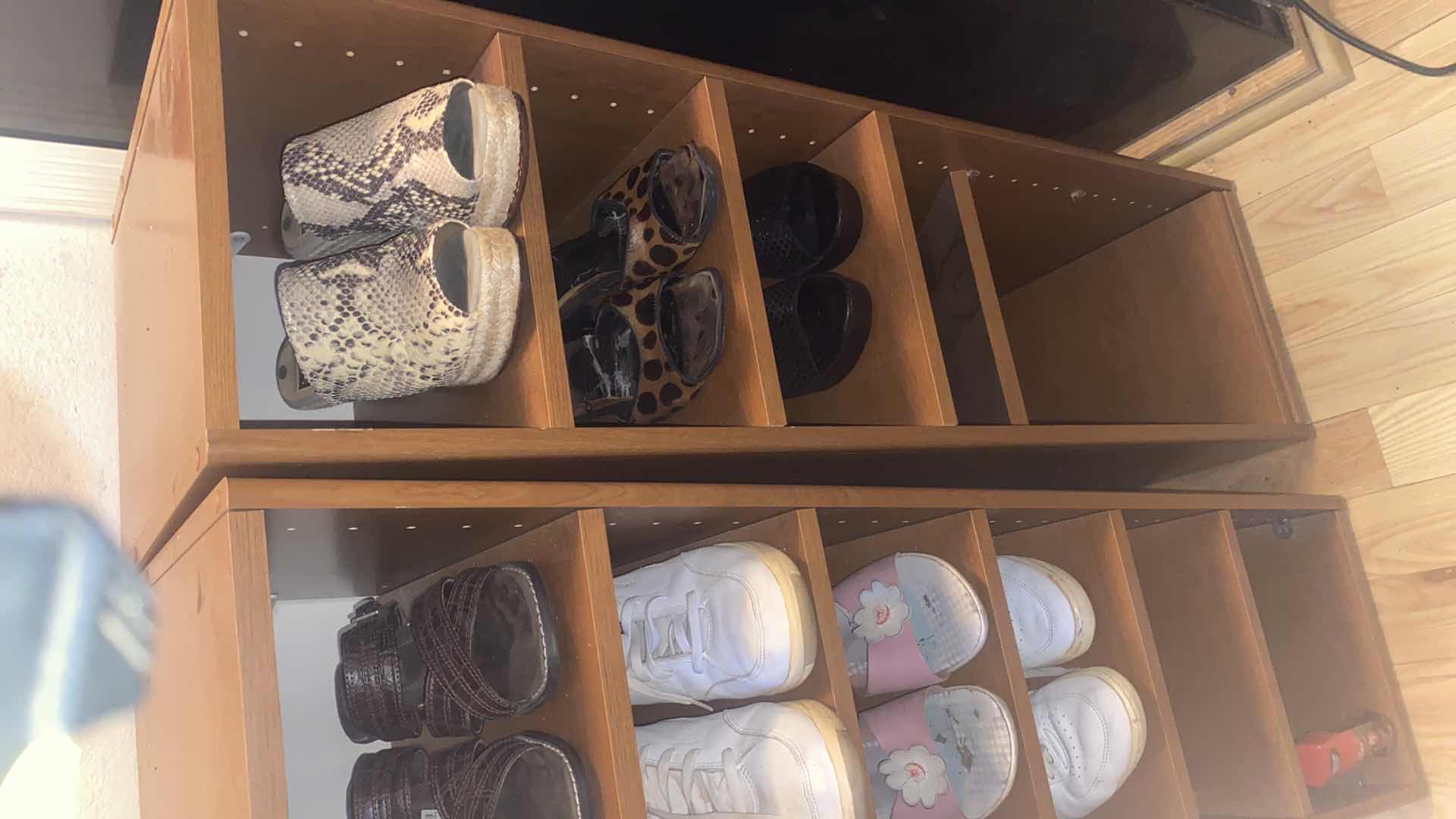Photo 1 of 7 PAIRS WIMENS SIZE 9 SHOES & 2 PRESSBOARD STORAGE UNITS EACH 11 1/2“ x 14 1/2“ H41”