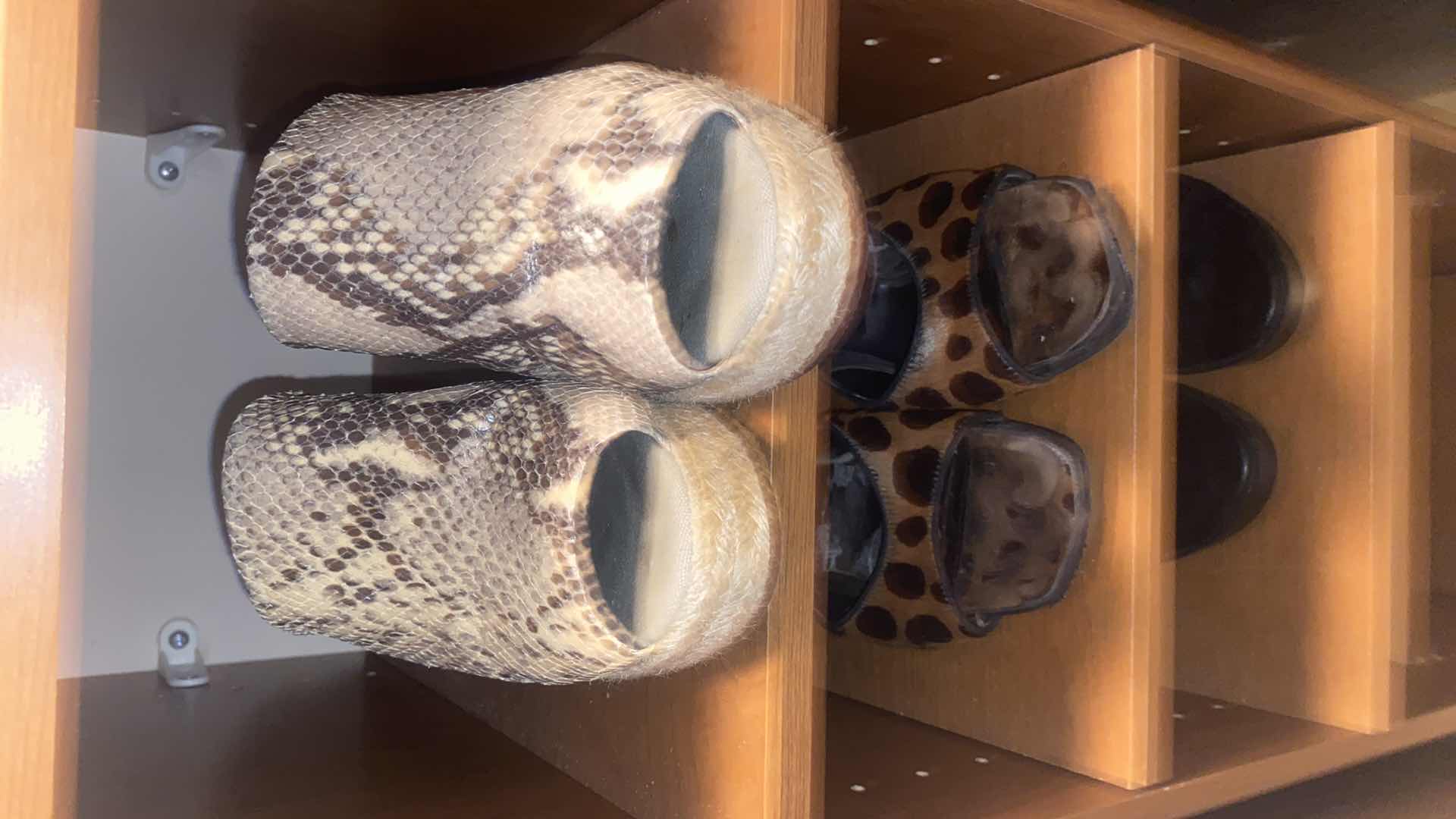 Photo 1 of 7 PAIRS WIMENS SIZE 9 SHOES & 2 PRESSBOARD STORAGE UNITS EACH 11 1/2“ x 14 1/2“ H41”
