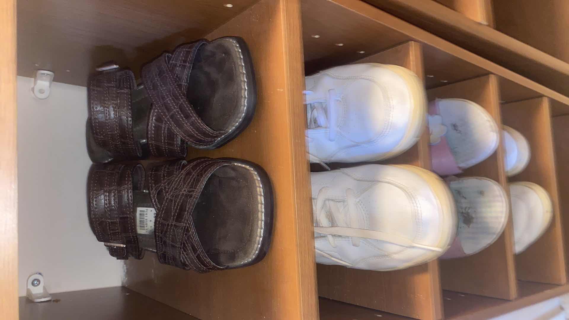 Photo 1 of 7 PAIRS WIMENS SIZE 9 SHOES & 2 PRESSBOARD STORAGE UNITS EACH 11 1/2“ x 14 1/2“ H41”