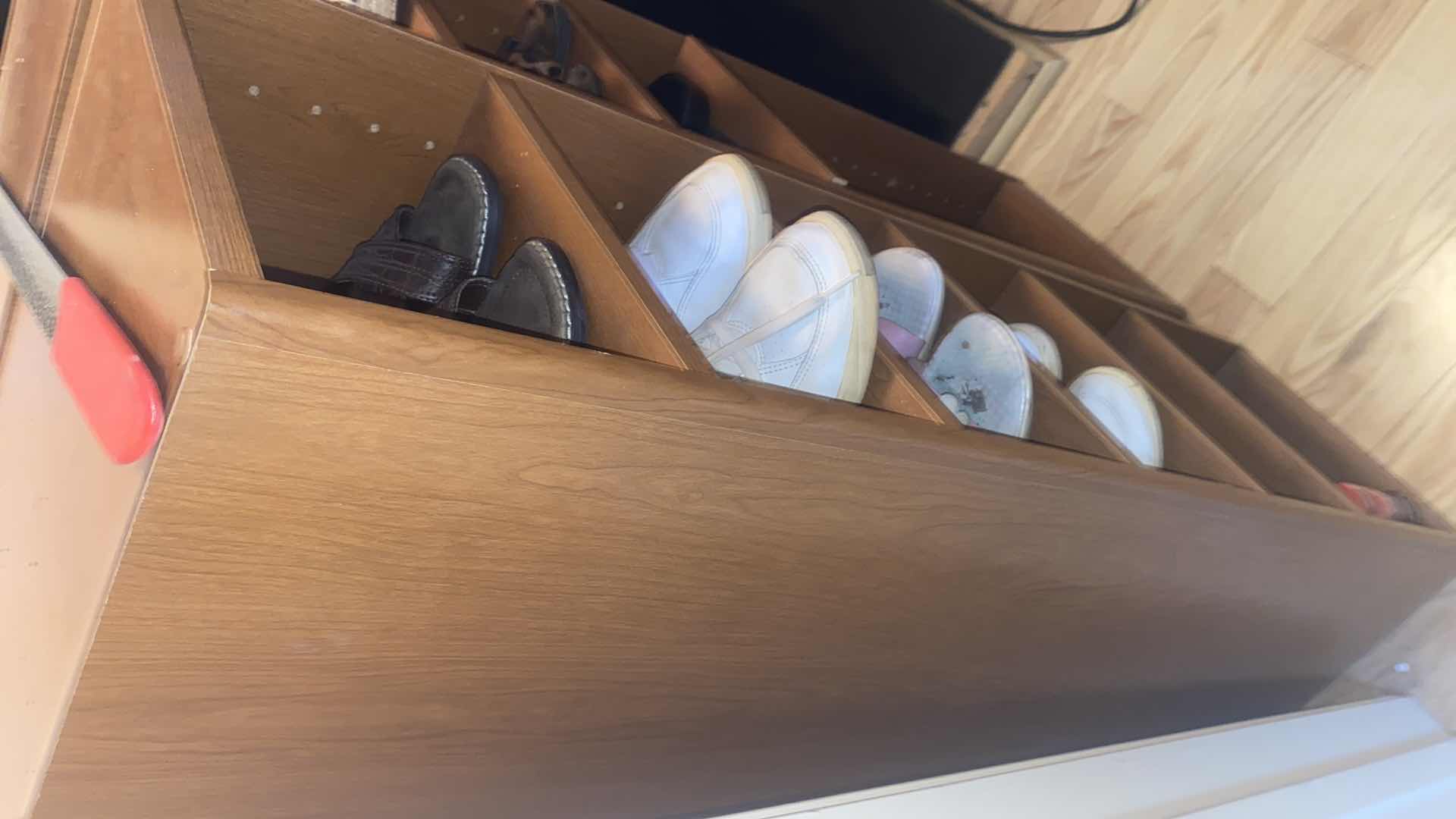 Photo 1 of 7 PAIRS WIMENS SIZE 9 SHOES & 2 PRESSBOARD STORAGE UNITS EACH 11 1/2“ x 14 1/2“ H41”
