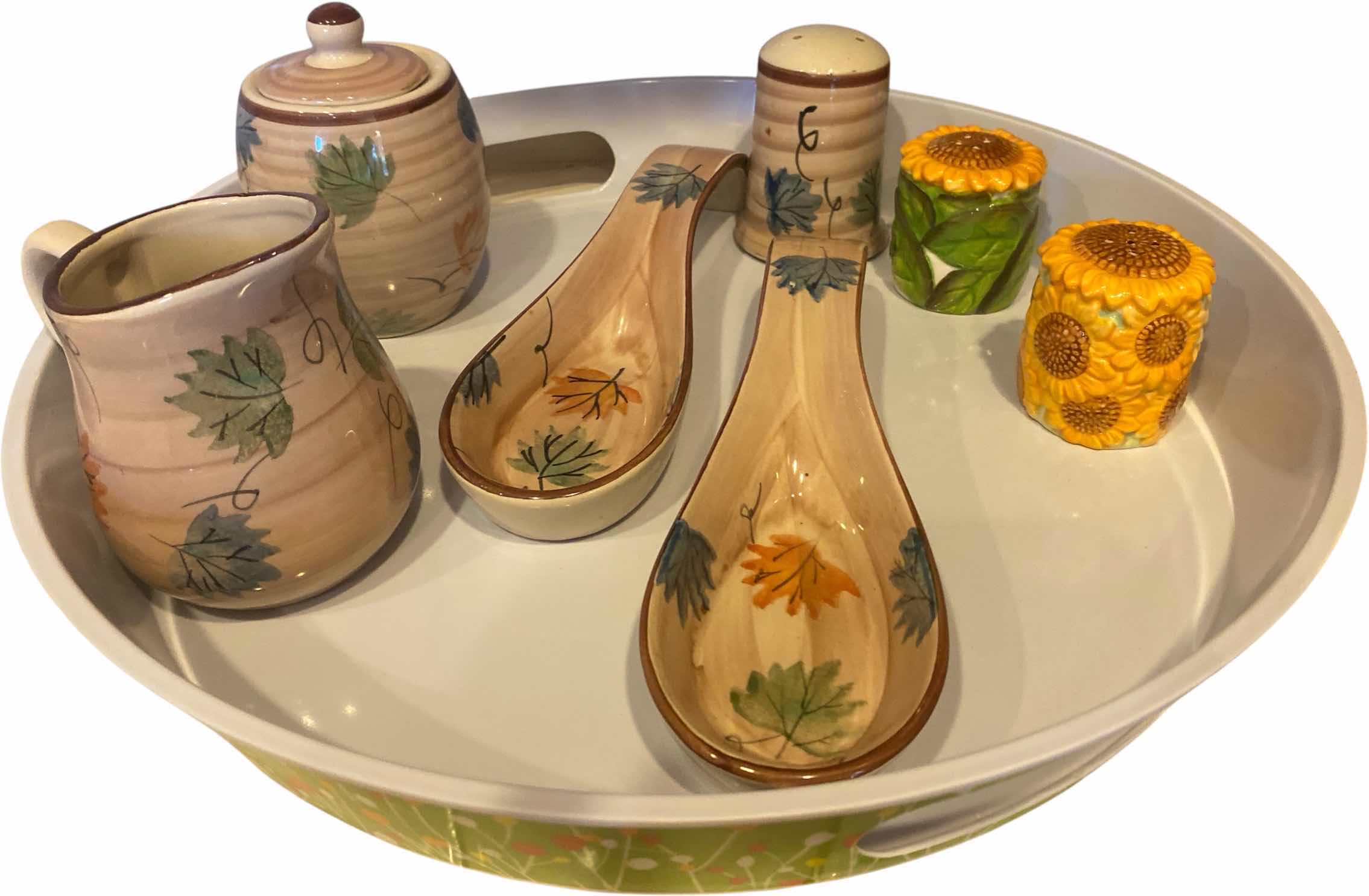 Photo 1 of PLASTIC TRAY WITH CERAMIC SPOON RESTS SEASONING SHAKERS CREAM & SUGAR