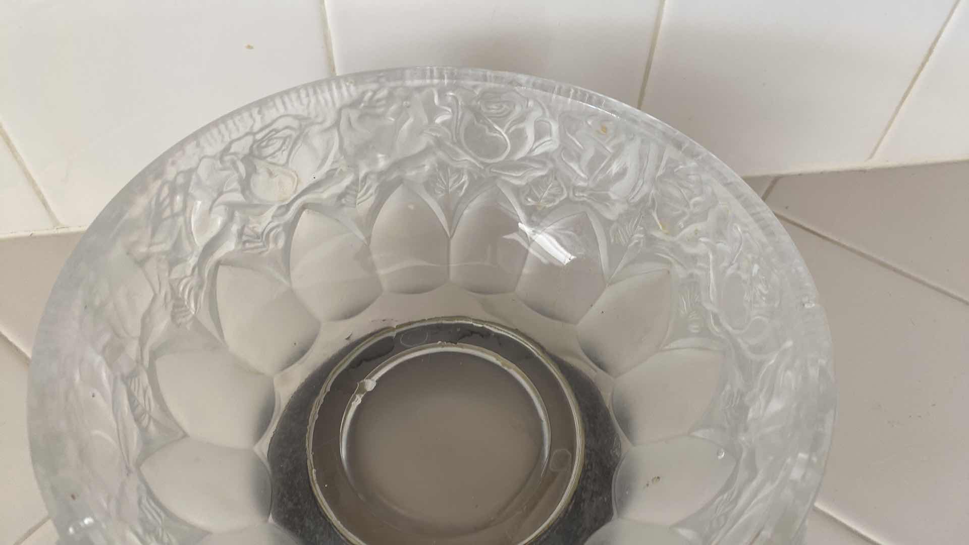 Photo 1 of FROSTED LALIQUE STYLE CARVED GLASS BIWL WITH SILVER BOTTOM 9” x 5”