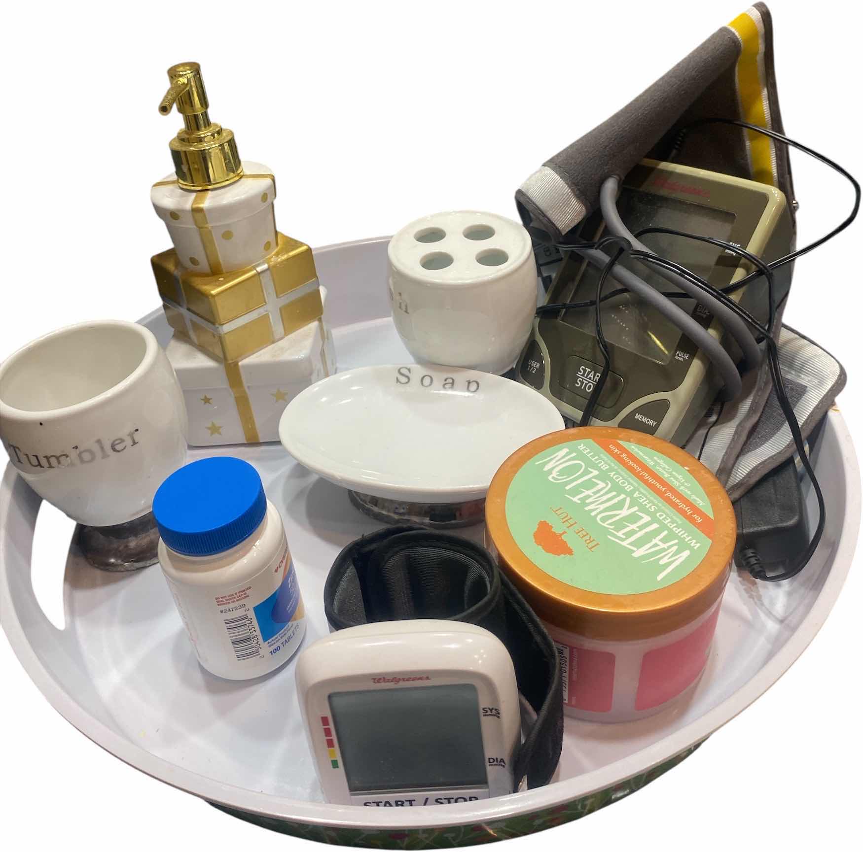 Photo 1 of TRAY WITH BATH ACCESSORIES & MAKEUP MIRROR