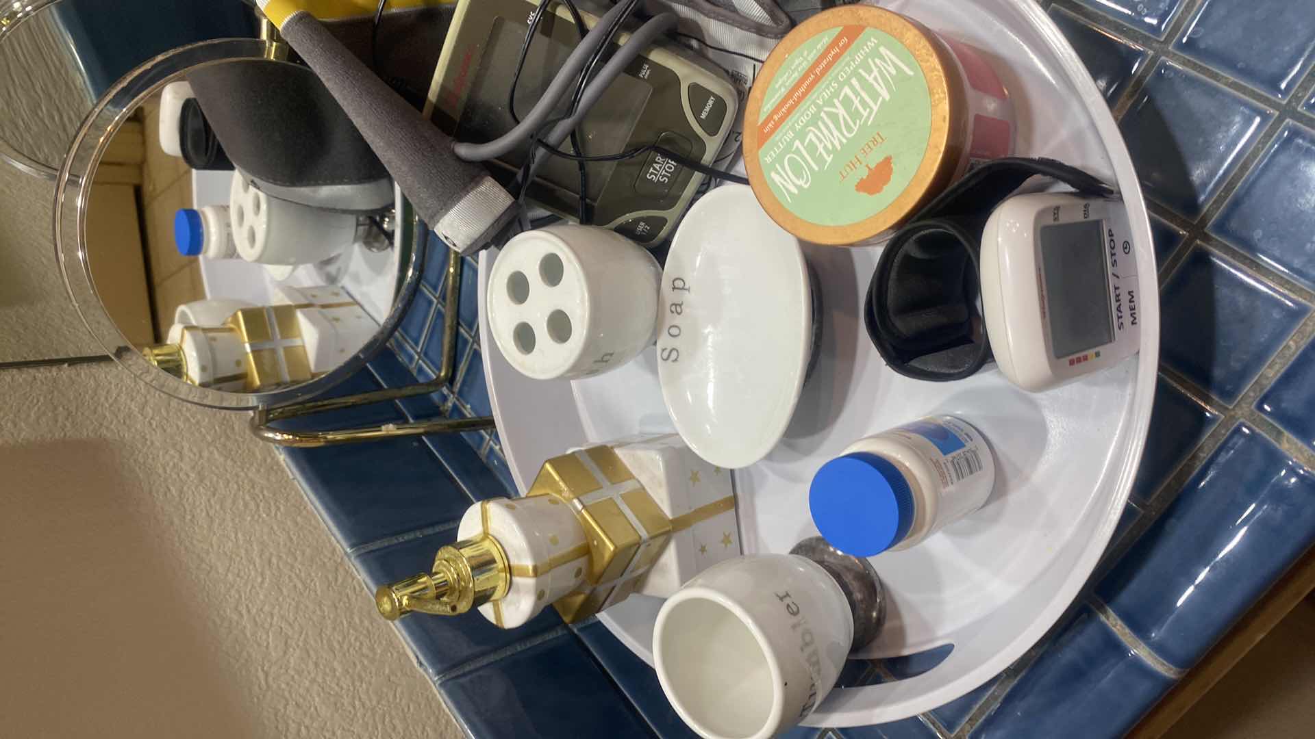 Photo 1 of TRAY WITH BATH ACCESSORIES & MAKEUP MIRROR