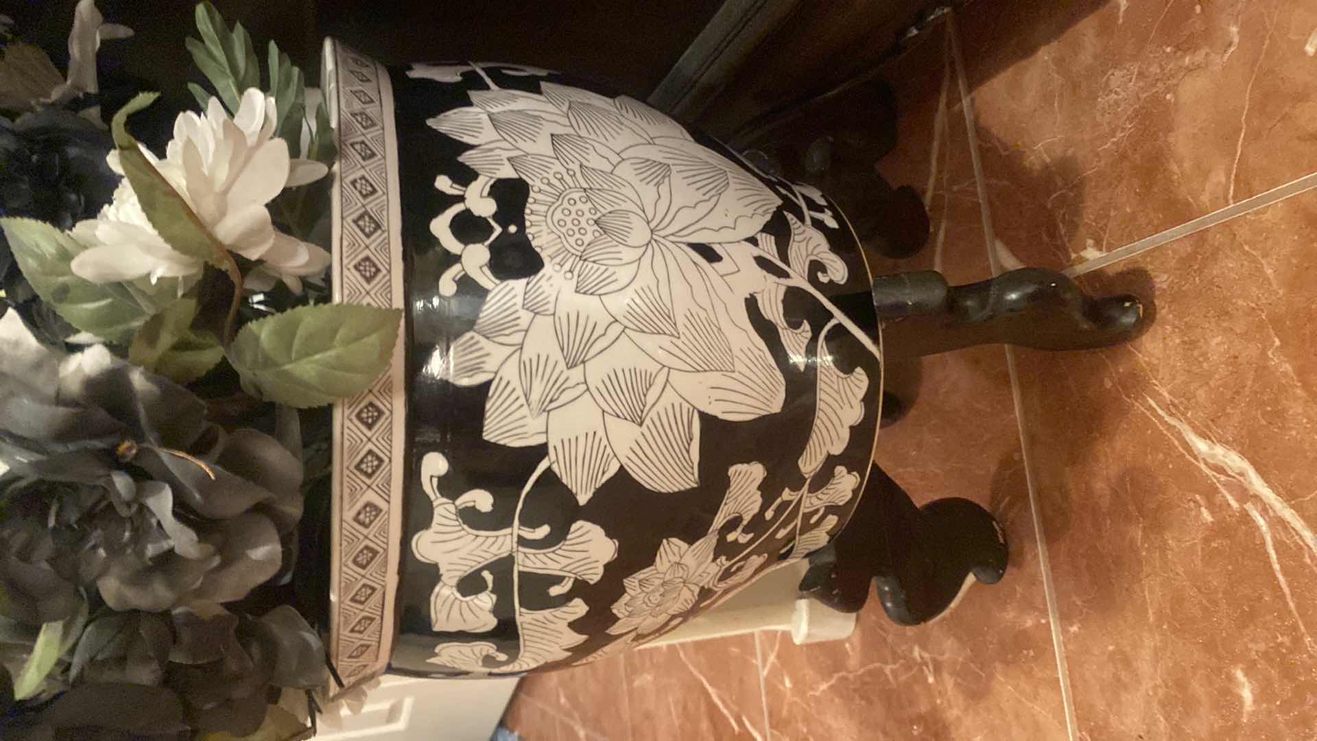 Photo 1 of CERAMIC FISH BOWL ON STAND W/FAUX FLOWERS BOWL MEASURES 14” x 12”