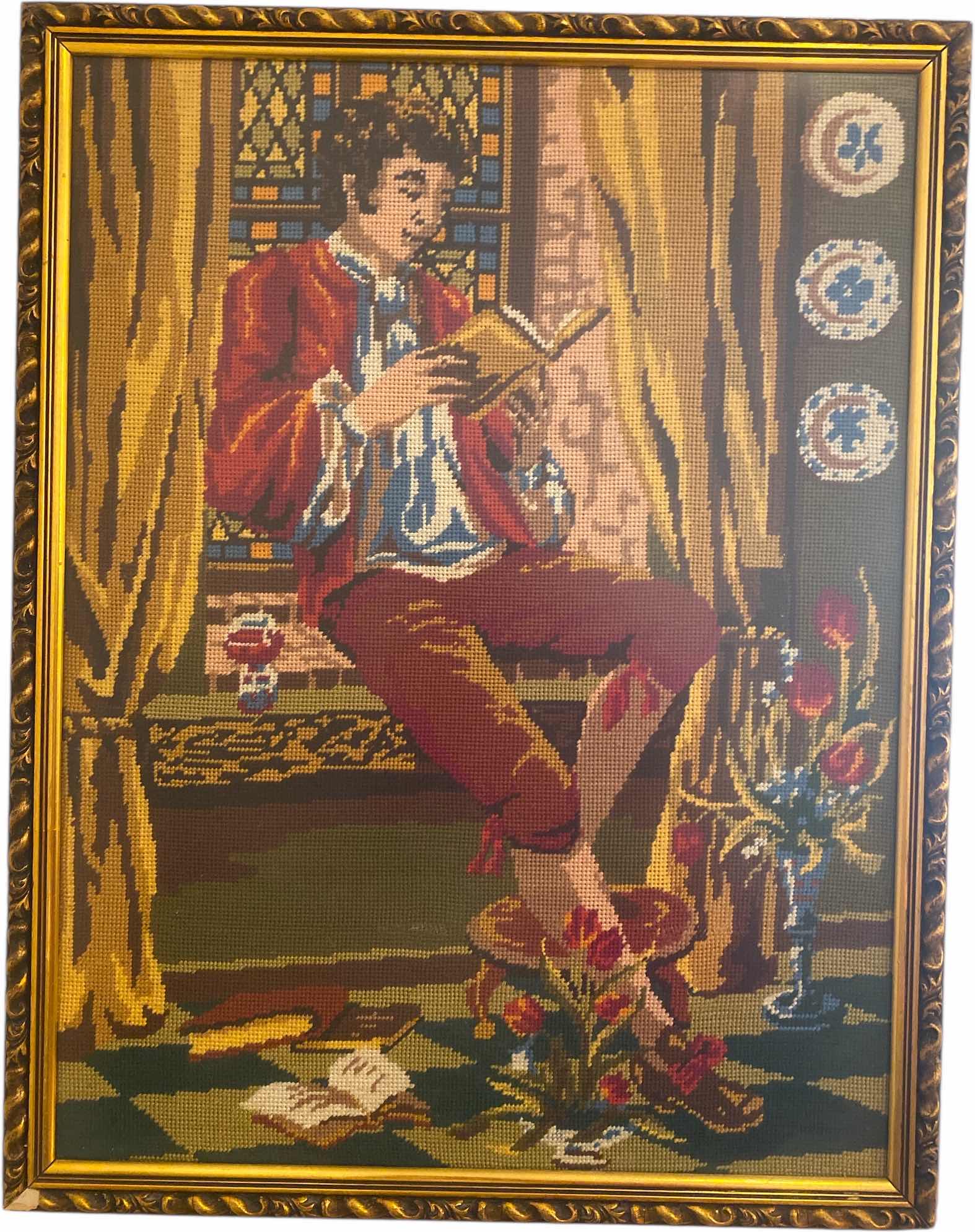 Photo 1 of GOLD RESIN & WOOD FRAMED NEEDLEPOINT W/MALE READING BOOK ARTWORK 19 1/2” x 25”