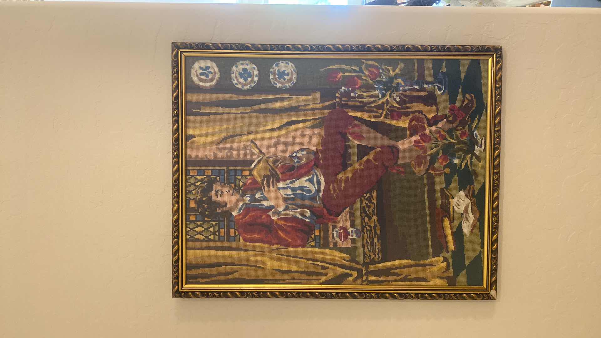 Photo 1 of GOLD RESIN & WOOD FRAMED NEEDLEPOINT W/MALE READING BOOK ARTWORK 19 1/2” x 25”