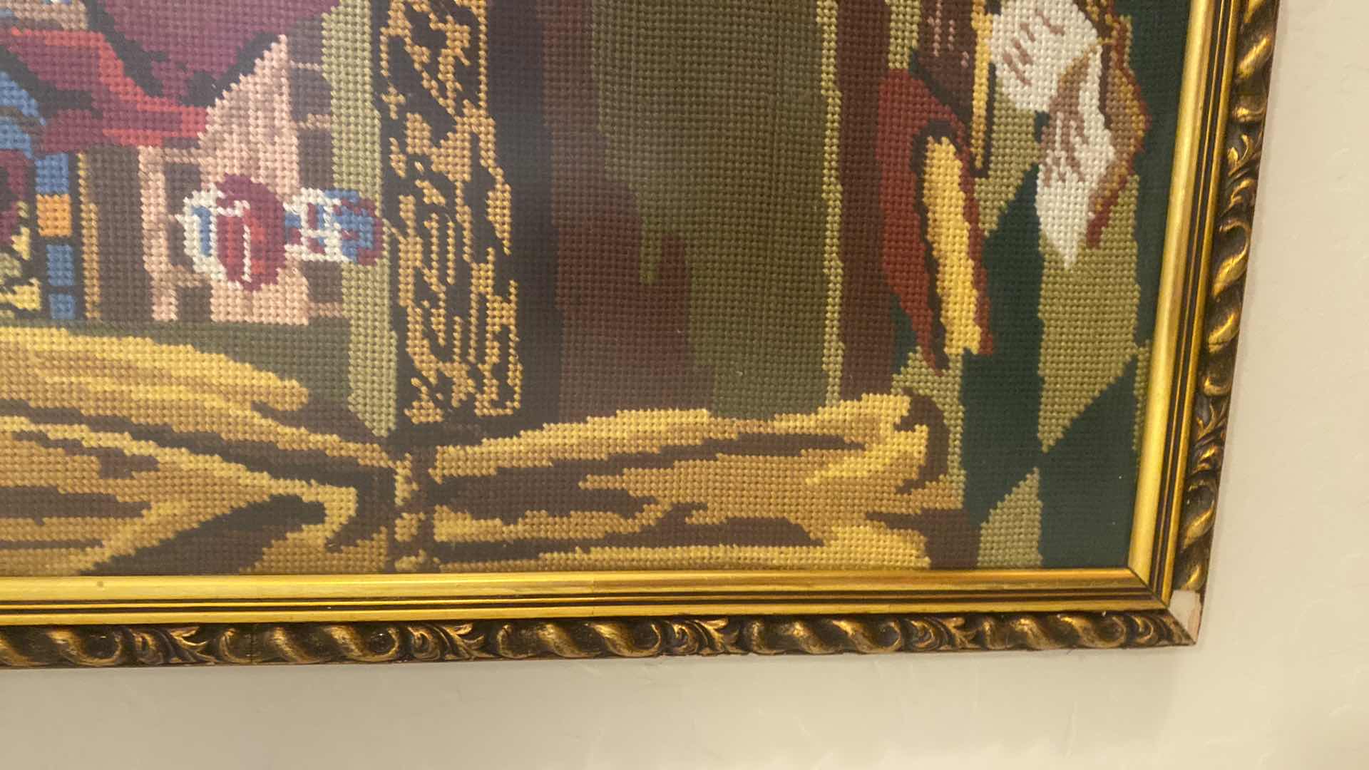 Photo 1 of GOLD RESIN & WOOD FRAMED NEEDLEPOINT W/MALE READING BOOK ARTWORK 19 1/2” x 25”