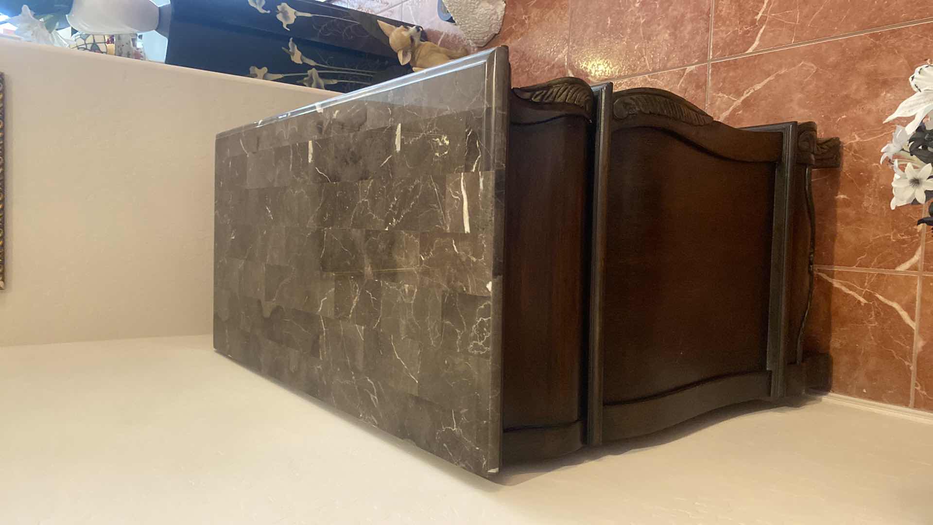 Photo 1 of DARK WOOD BOMBAY CHEST W/ACANTHUS LEAF DETAIL & PIECED MARBLE TOP 42“ x 20 1/2“ H 36”