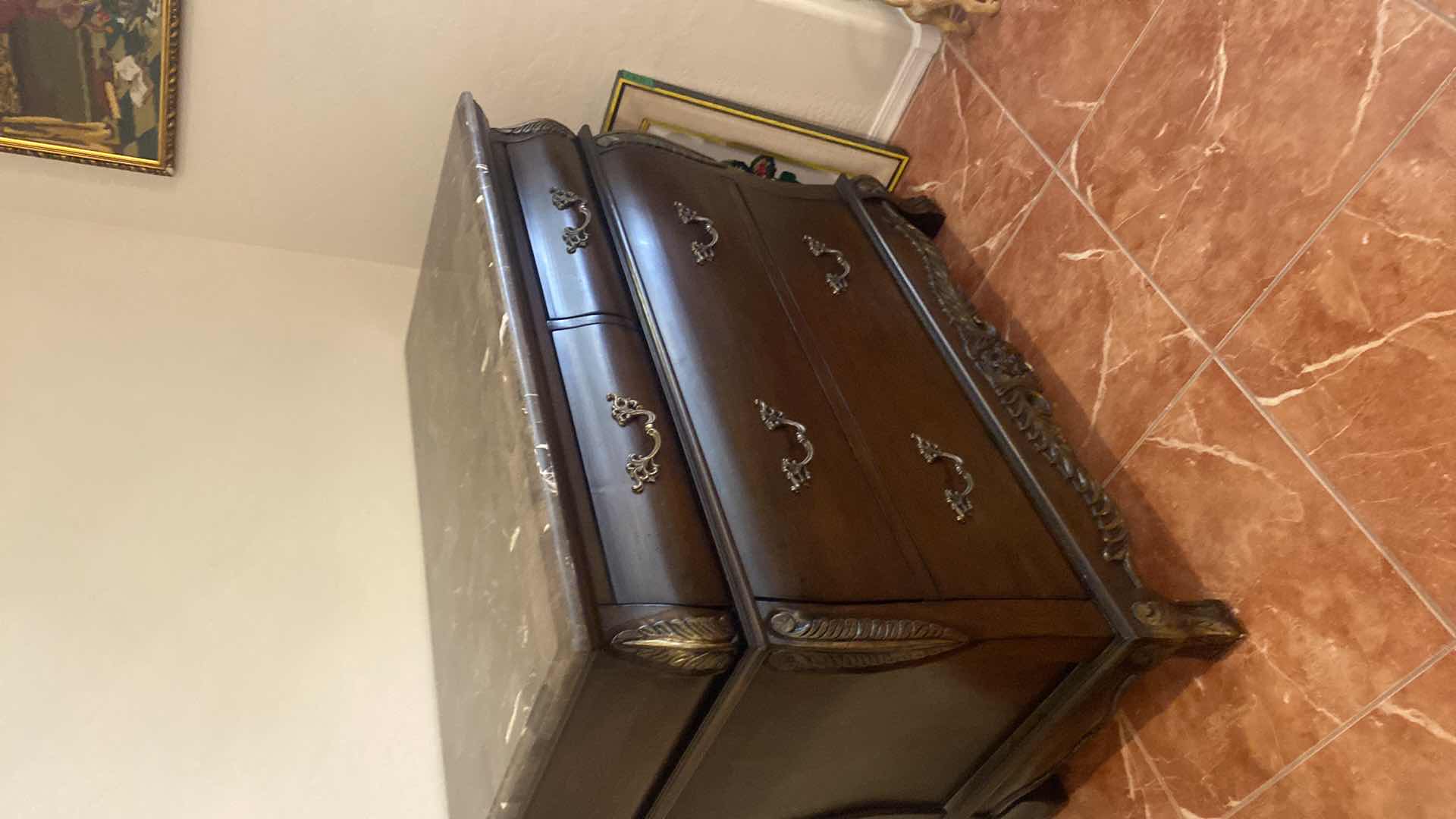 Photo 1 of DARK WOOD BOMBAY CHEST W/ACANTHUS LEAF DETAIL & PIECED MARBLE TOP 42“ x 20 1/2“ H 36”