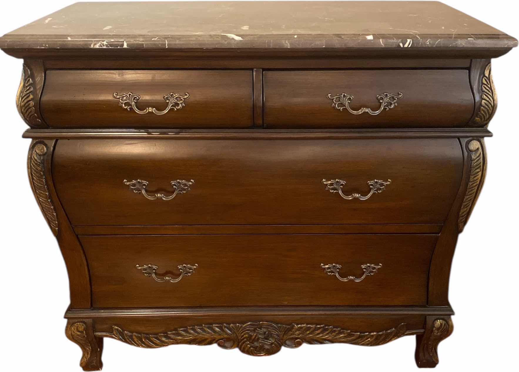 Photo 1 of DARK WOOD BOMBAY CHEST W/ACANTHUS LEAF DETAIL & PIECED MARBLE TOP 42“ x 20 1/2“ H 36”