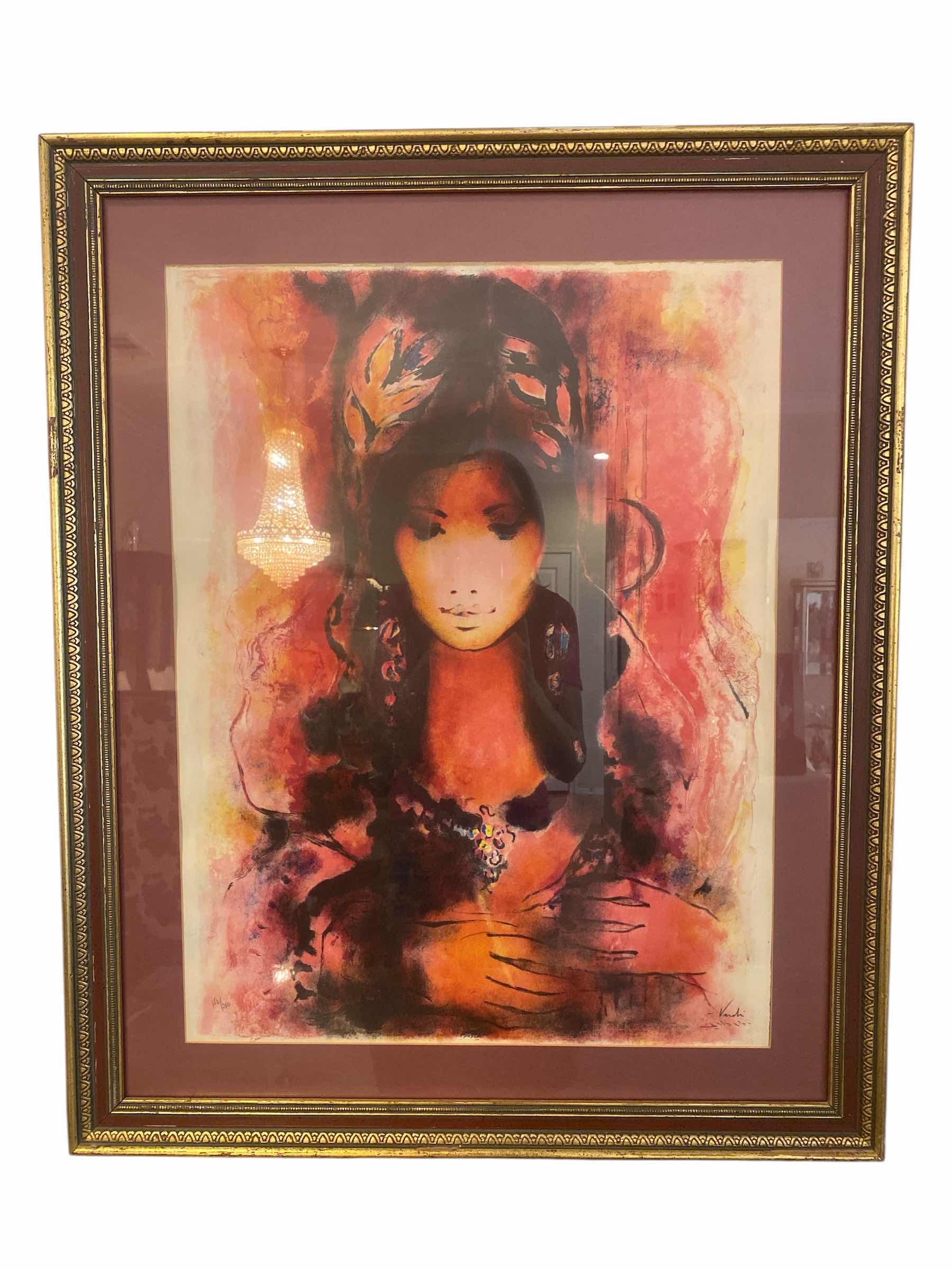 Photo 1 of WOOD FRAMED PORTRAIT SIGNED & NUMBERED YVES VANDI BOHEMIAN HAND COLORED SERIGRAPH ARTWORK 27“ x 33“