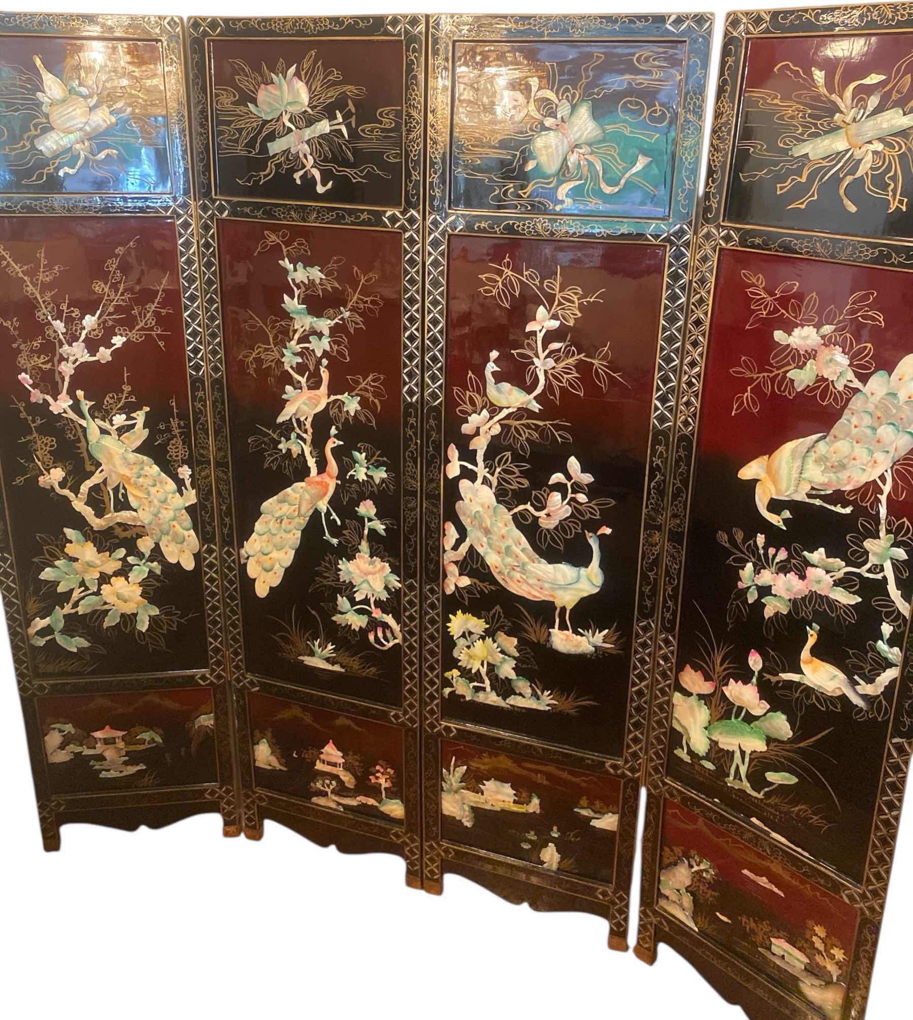Photo 1 of 4 PANEL CHINESE BLACK LACQUER WITH MOTHER OF PEARL MOTIF ROOM DIVIDER EACH PANEL 17 1/2“ x 72“