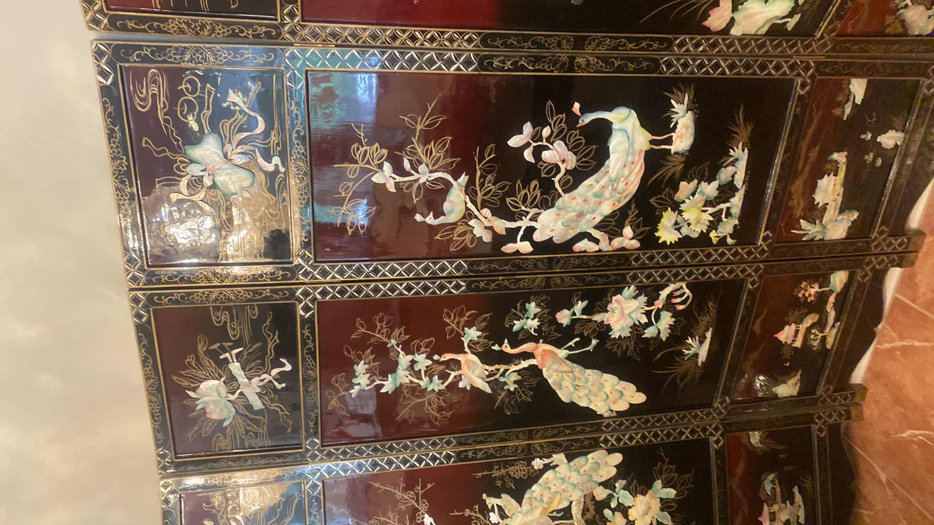 Photo 1 of 4 PANEL CHINESE BLACK LACQUER WITH MOTHER OF PEARL MOTIF ROOM DIVIDER EACH PANEL 17 1/2“ x 72“