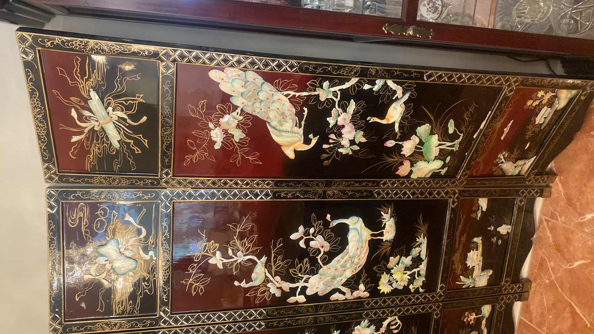 Photo 1 of 4 PANEL CHINESE BLACK LACQUER WITH MOTHER OF PEARL MOTIF ROOM DIVIDER EACH PANEL 17 1/2“ x 72“