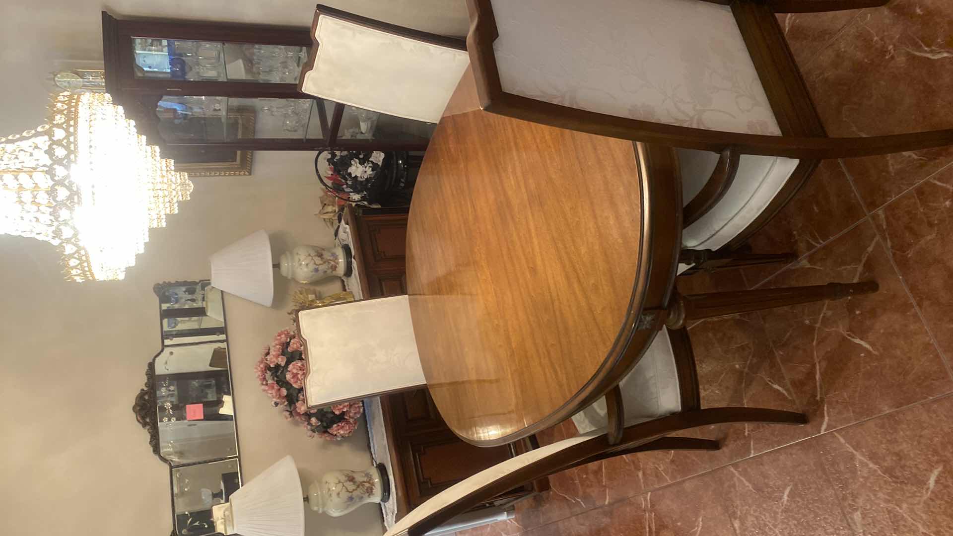 Photo 1 of VINTAGE SOLID MID CENTURY PECAN WOOD DINING TABLE WITH TWO 18” LEAFS & 4 ARM CHAIRS W/FABRIC WITHOUT LEAF  MEASURES 64“ x 43 1/2“ H 31”