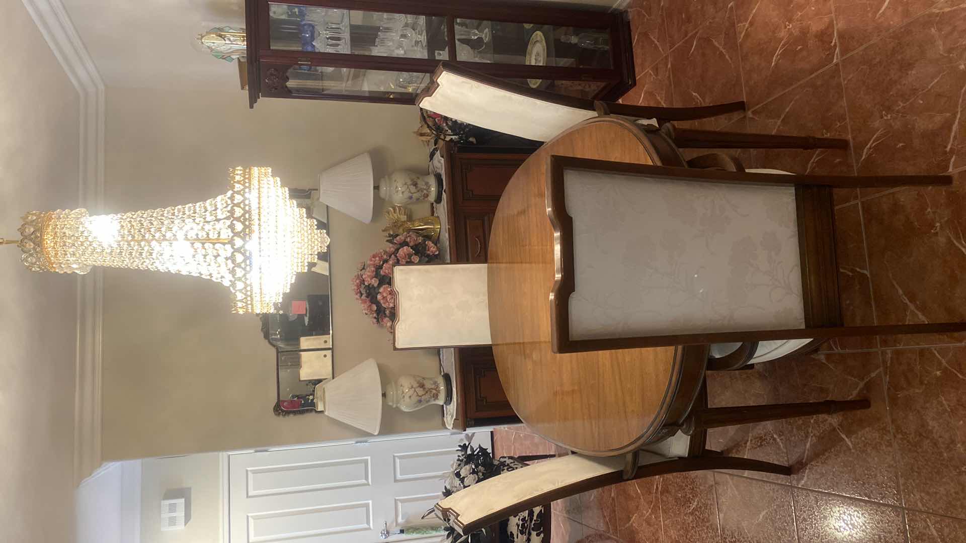 Photo 1 of VINTAGE SOLID MID CENTURY PECAN WOOD DINING TABLE WITH TWO 18” LEAFS & 4 ARM CHAIRS W/FABRIC WITHOUT LEAF  MEASURES 64“ x 43 1/2“ H 31”