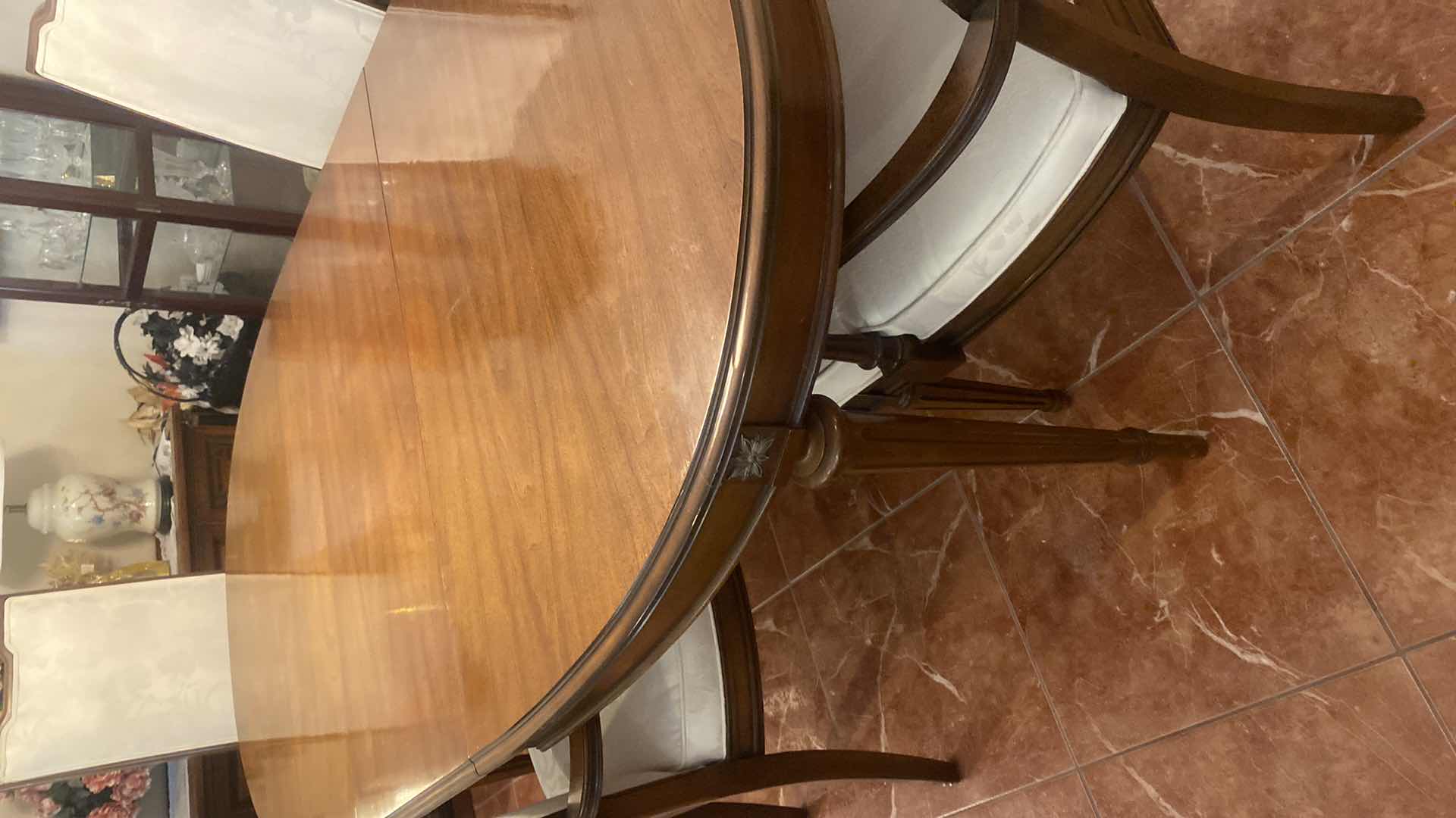 Photo 1 of VINTAGE SOLID MID CENTURY PECAN WOOD DINING TABLE WITH TWO 18” LEAFS & 4 ARM CHAIRS W/FABRIC WITHOUT LEAF  MEASURES 64“ x 43 1/2“ H 31”