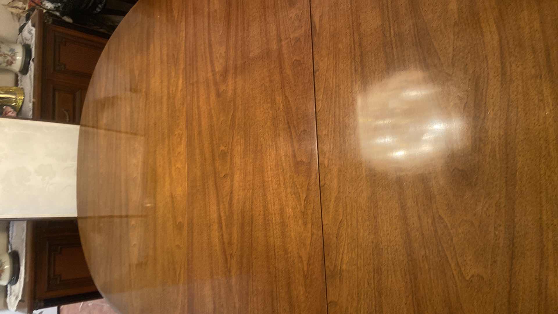 Photo 1 of VINTAGE SOLID MID CENTURY PECAN WOOD DINING TABLE WITH TWO 18” LEAFS & 4 ARM CHAIRS W/FABRIC WITHOUT LEAF  MEASURES 64“ x 43 1/2“ H 31”