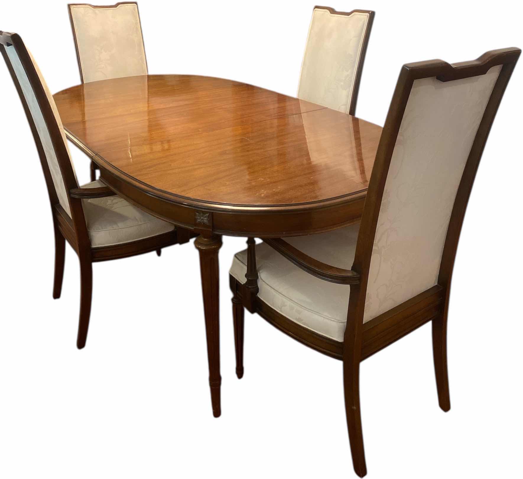 Photo 1 of PECAN WOOD DINING TABLE WITH 18” LEAF & 4 ARM CHAIRS W/FABRIC WITHOUT LEAF  MEASURES 64“ x 43 1/2“ H 31”