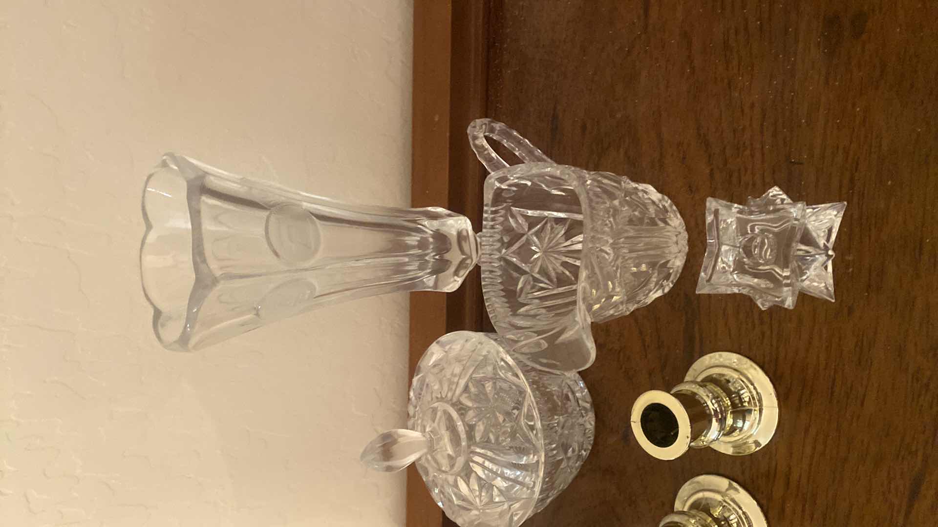 Photo 1 of 6 - CRYSTAL SERVE WARE & 2 SILVER PLASTIC CANDLE  HOLDERS