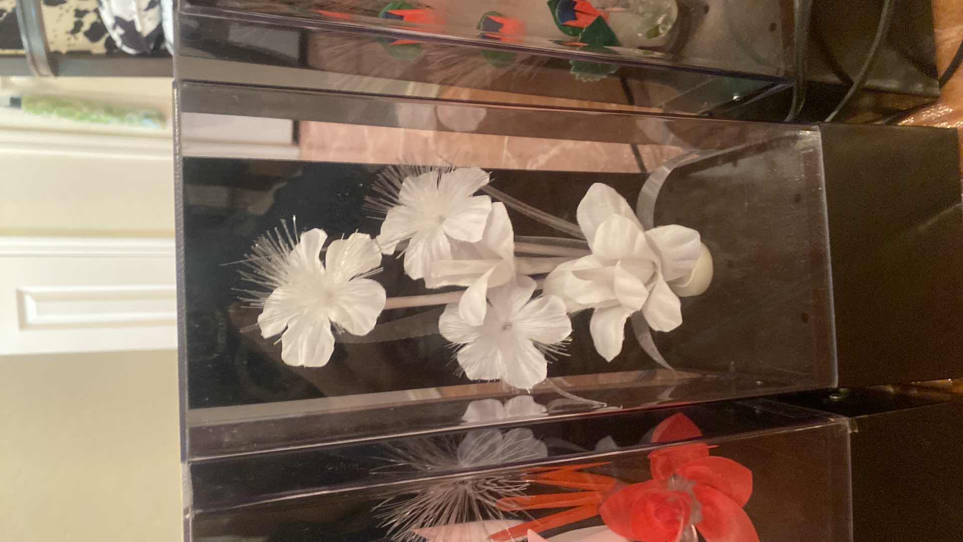 Photo 1 of 4 - VINTAGE FIBER OPTIC LAMPS W/ MUSIC - 2 FLORAL 1 PEACOCK H14” (both florals need bulbs, top of peacock has cracks)