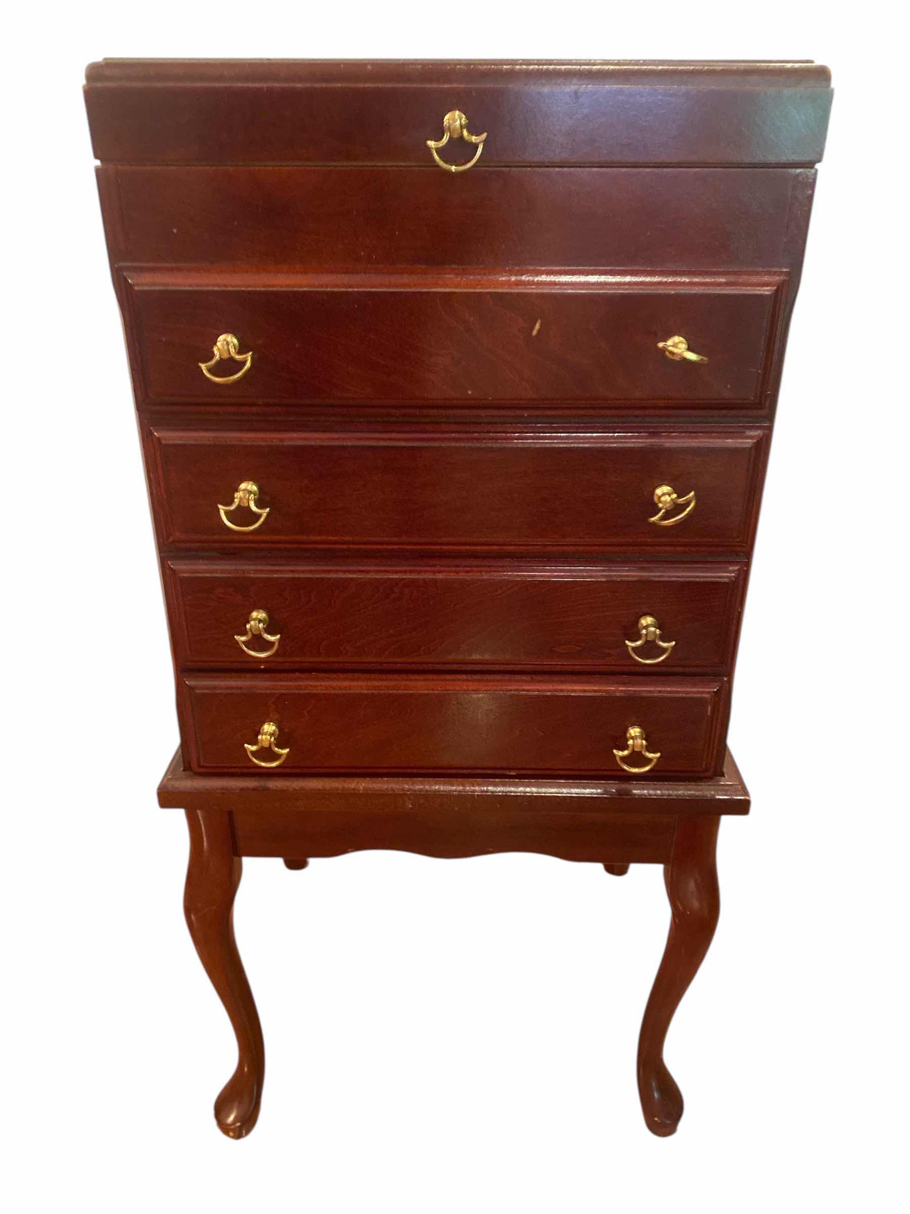 Photo 1 of CHERRY SILVERWARE STORAGE W/ 4 DRAWERS & QUEEN ANNE LEGS 16“ x 14 1/2“ H 32”
