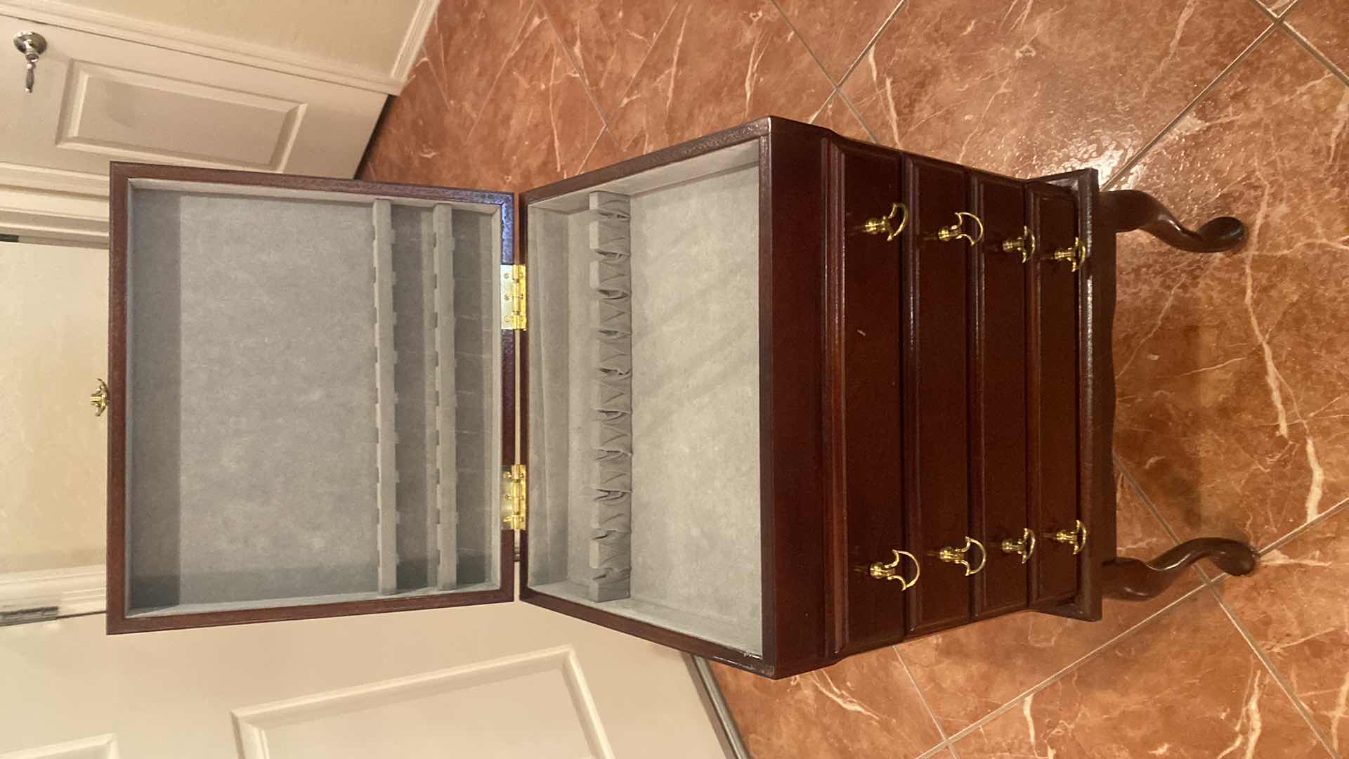 Photo 1 of CHERRY SILVERWARE STORAGE W/ 4 DRAWERS &  QUEEN ANNE LEGS 16“ x 14 1/2“ H 32”