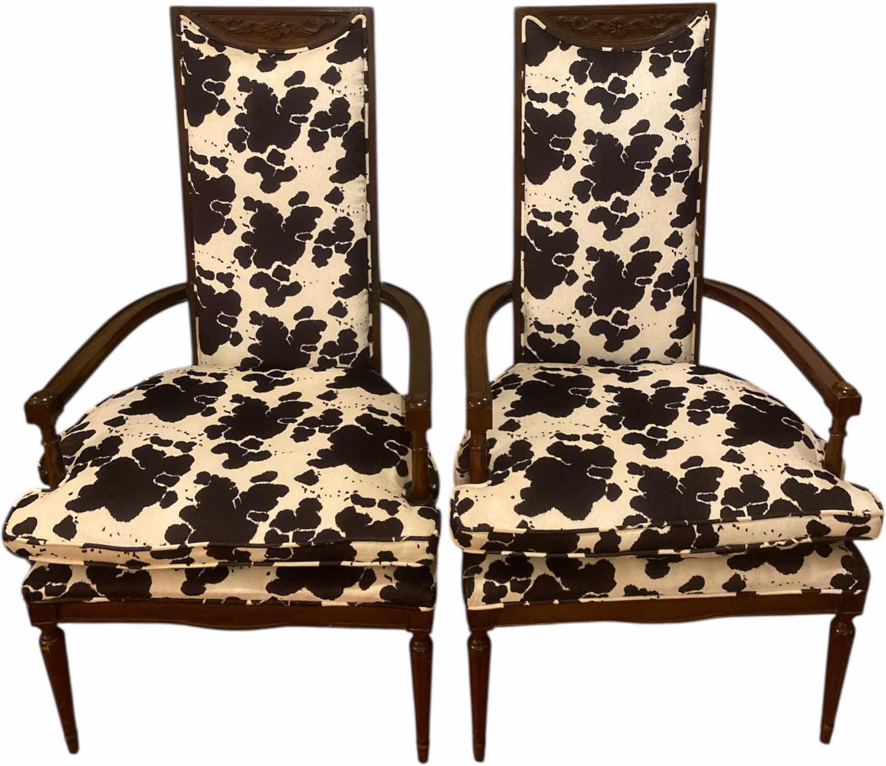 Photo 1 of PAIR OF WOOD ARM CHAIRS WITH BLACK & IVORY COW PRINT FABRIC