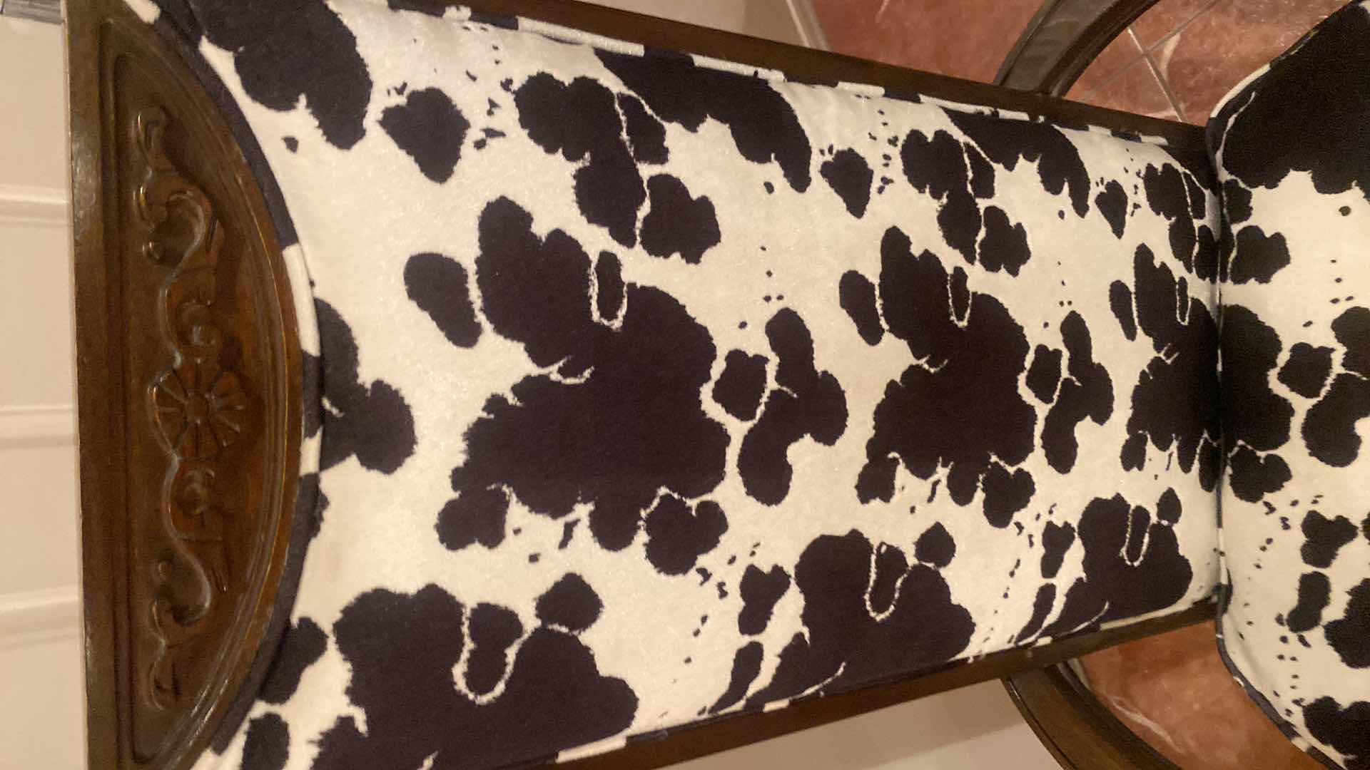 Photo 1 of PAIR OF WOOD ARM CHAIRS WITH BLACK & IVORY COW PRINT FABRIC