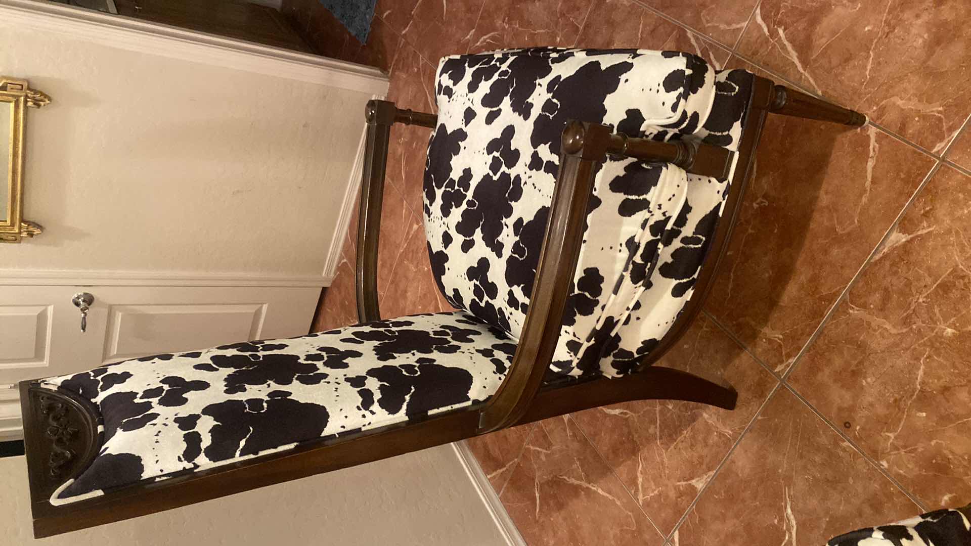 Photo 1 of PAIR OF WOOD ARM CHAIRS WITH BLACK & IVORY COW PRINT FABRIC