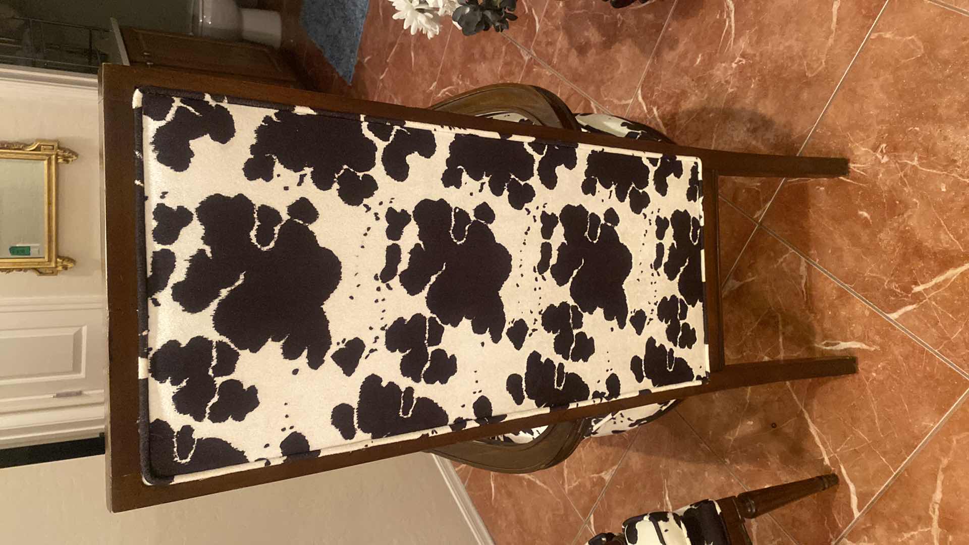 Photo 1 of PAIR OF WOOD ARM CHAIRS WITH BLACK & IVORY COW PRINT FABRIC