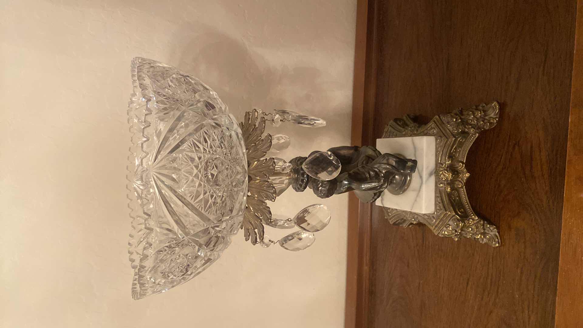 Photo 1 of VINTAGE HOLLYWOOD REGENCY CUT CRYSTAL GLASS BOWL ON BRASS EITH MARBLE PEDESTAL 10” x 17”