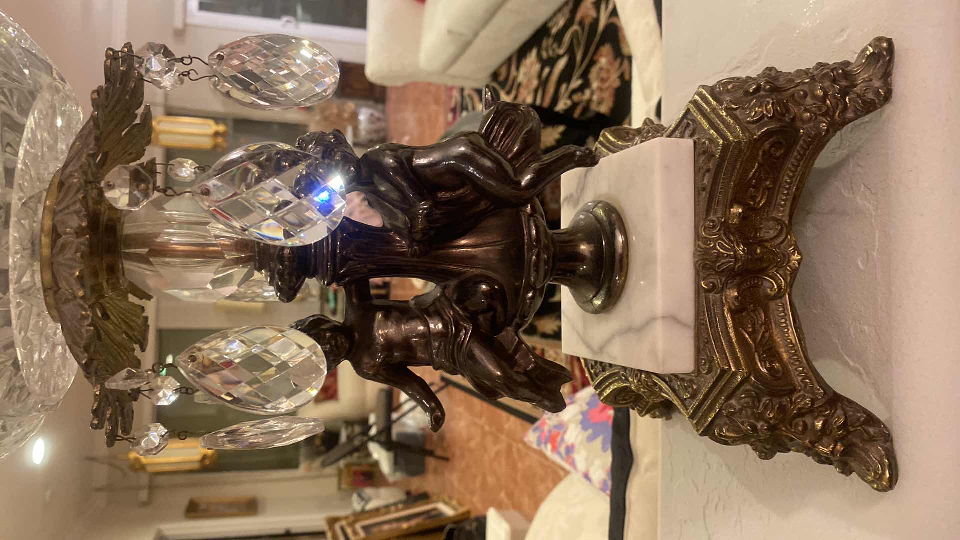 Photo 1 of VINTAGE HOLLYWOOD REGENCY CUT CRYSTAL GLASS BOWL ON BRASS EITH MARBLE PEDESTAL 10” x 17”