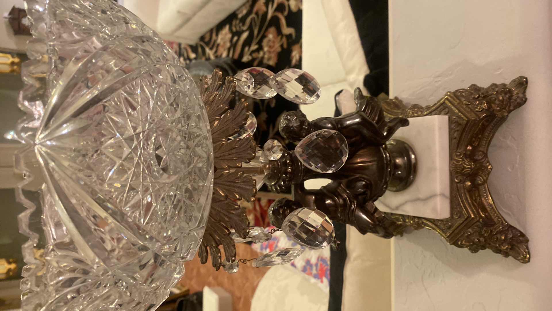 Photo 1 of VINTAGE HOLLYWOOD REGENCY CUT CRYSTAL GLASS BOWL ON BRASS EITH MARBLE PEDESTAL 10” x 17”