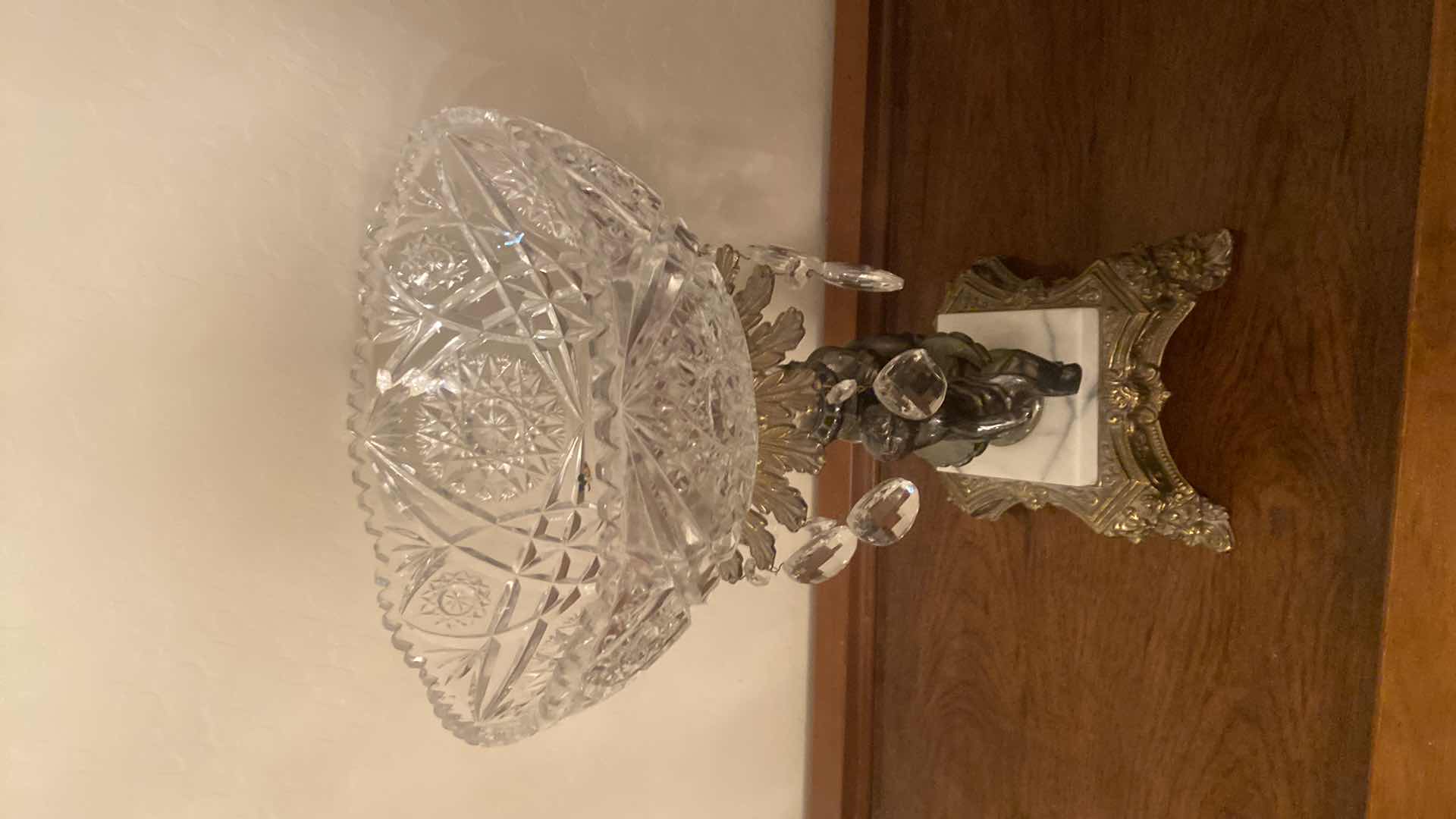 Photo 1 of VINTAGE HOLLYWOOD REGENCY CUT CRYSTAL GLASS BOWL ON BRASS EITH MARBLE PEDESTAL 10” x 17”