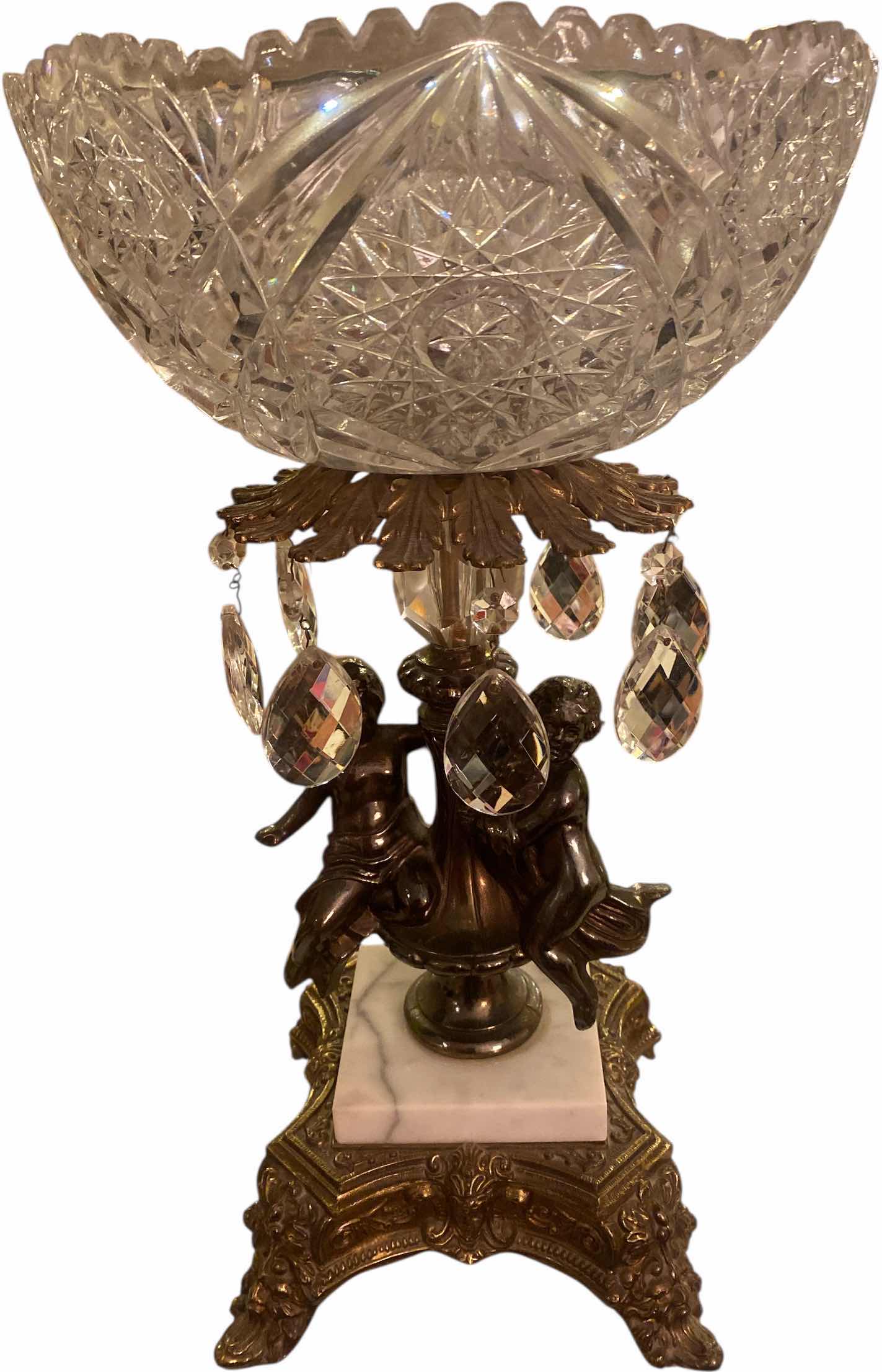 Photo 1 of VINTAGE HOLLYWOOD REGENCY CUT CRYSTAL GLASS BOWL ON BRASS EITH MARBLE PEDESTAL 10” x 17”
