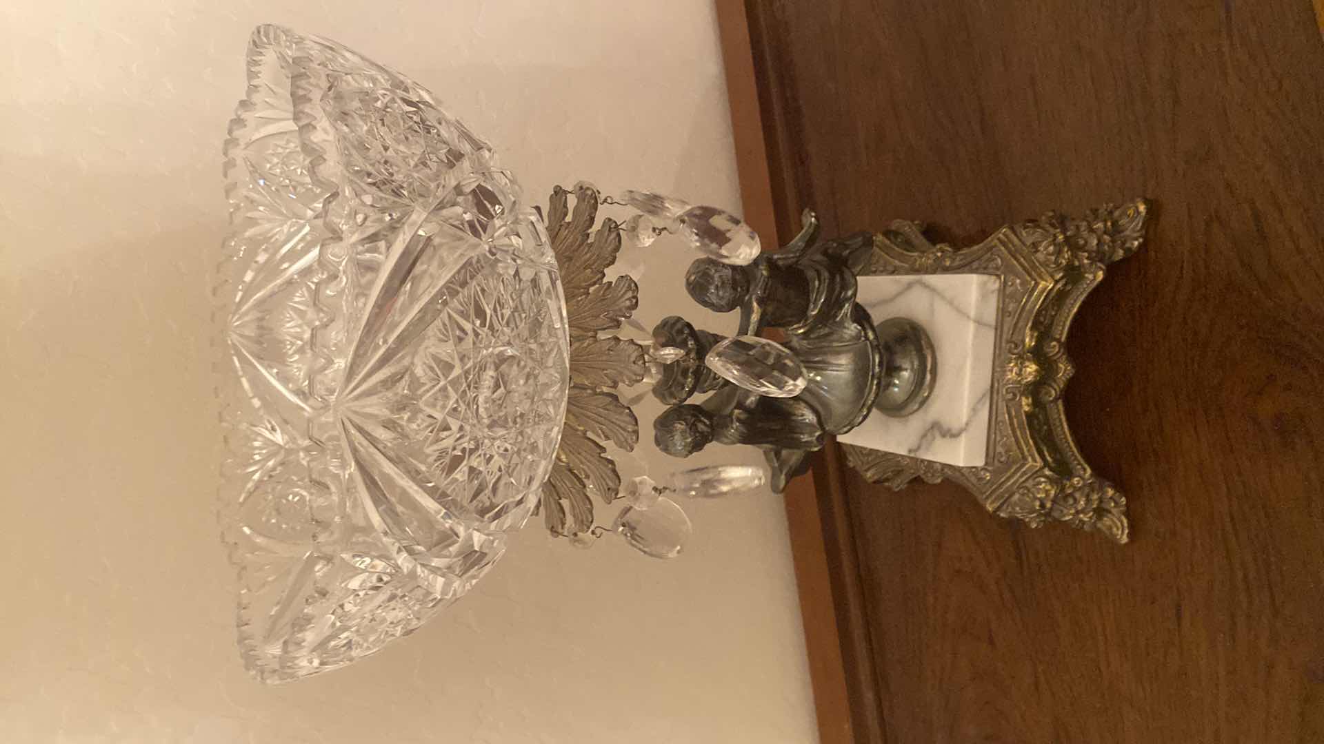 Photo 1 of VINTAGE HOLLYWOOD REGENCY CUT CRYSTAL GLASS BOWL ON BRASS EITH MARBLE PEDESTAL 10” x 17”