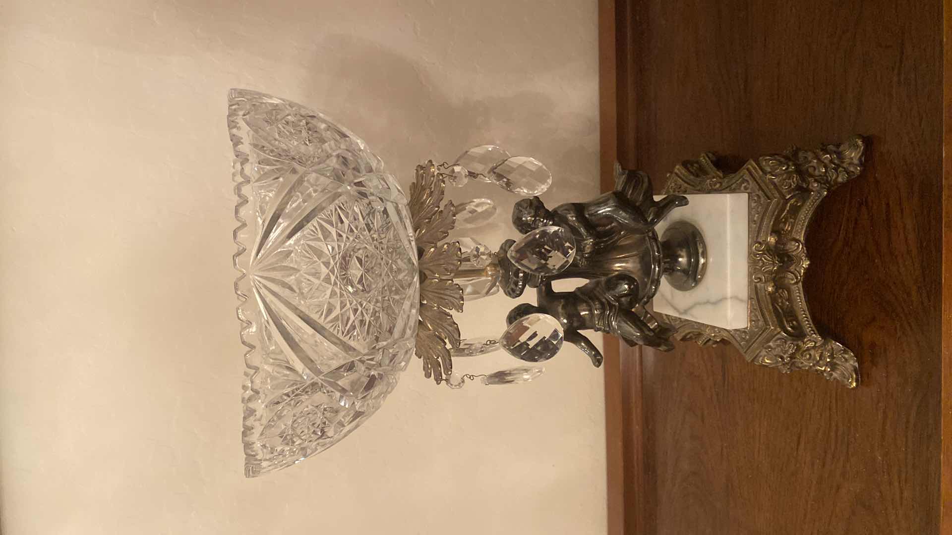 Photo 1 of VINTAGE HOLLYWOOD REGENCY CUT CRYSTAL GLASS BOWL ON BRASS EITH MARBLE PEDESTAL 10” x 17”