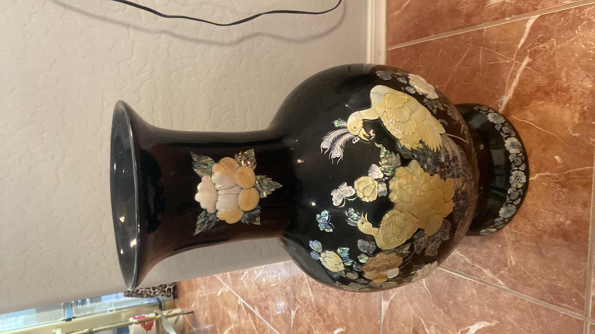 Photo 1 of LARGE ASIAN VASE WITH BLACK LACQUER & MOTHER OF PEARL & ABALONE EMBELLISHMENT 13” x 24 1/2”