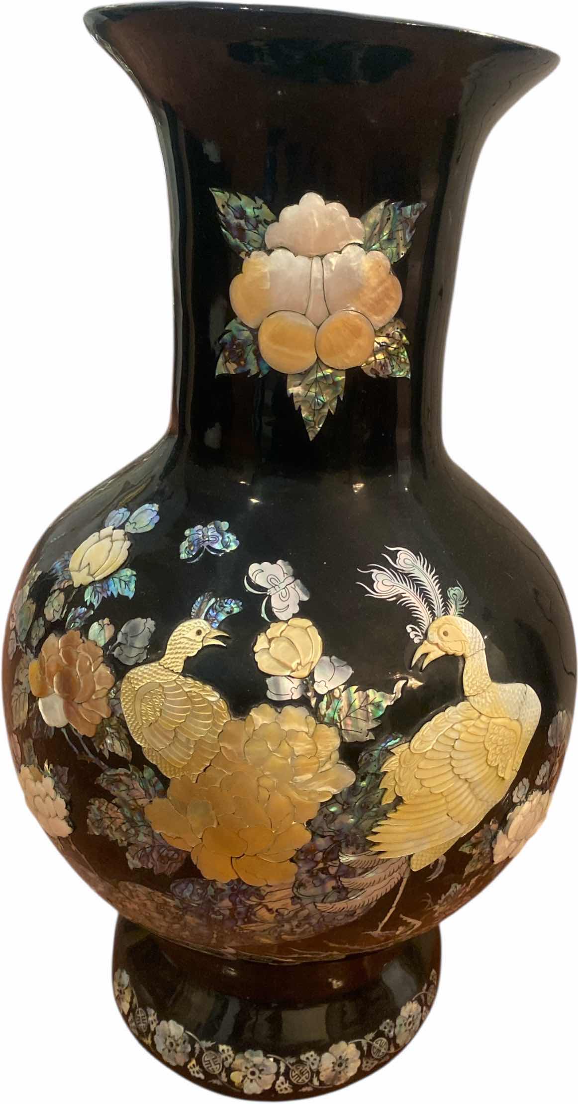 Photo 1 of LARGE ASIAN VASE WITH BLACK LACQUER & MOTHER OF PEARL & ABALONE EMBELLISHMENT 13” x 24 1/2”