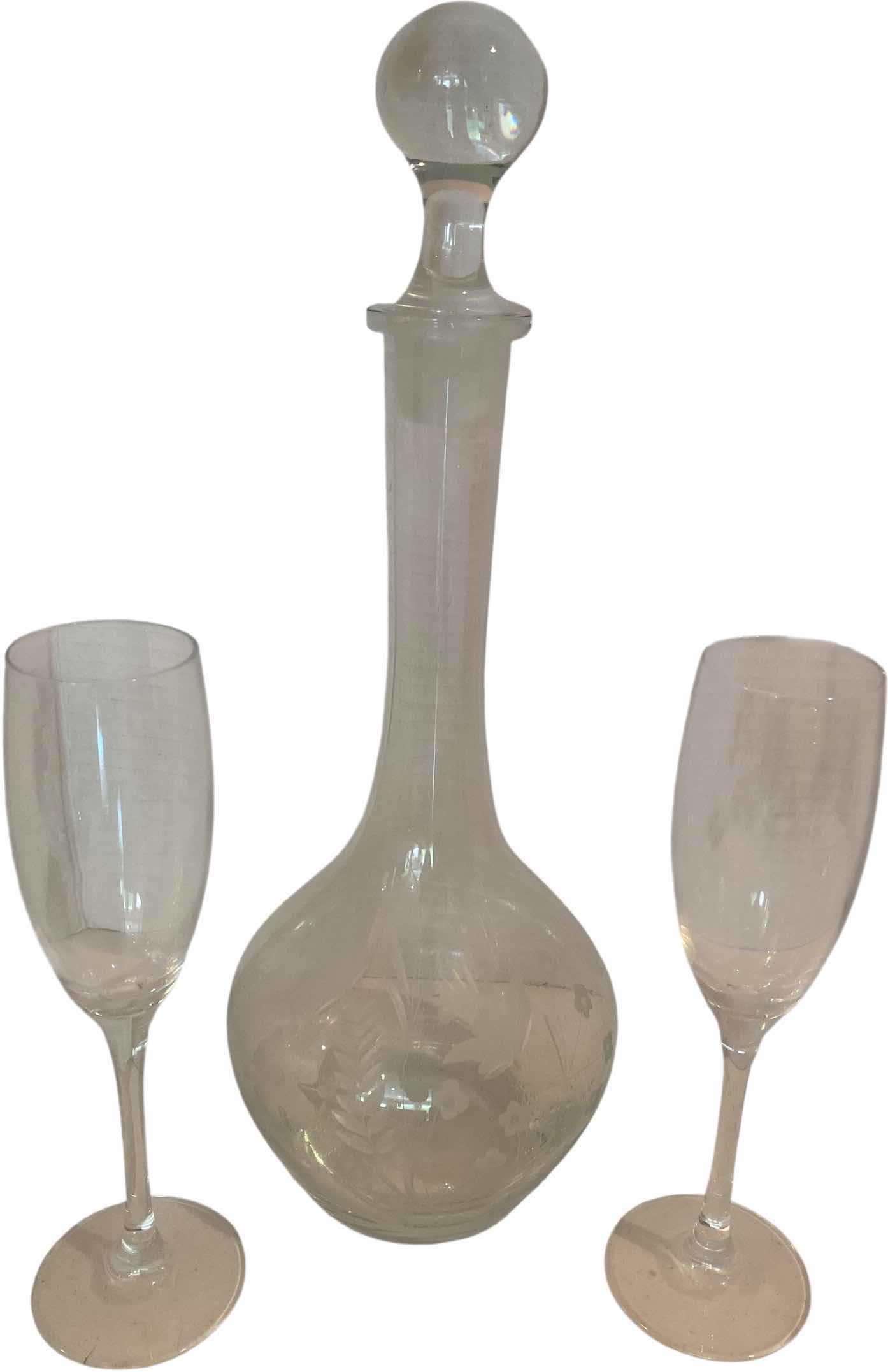 Photo 1 of ETCHED GLASS DECANTER WITH PAIR OF STEMWARE