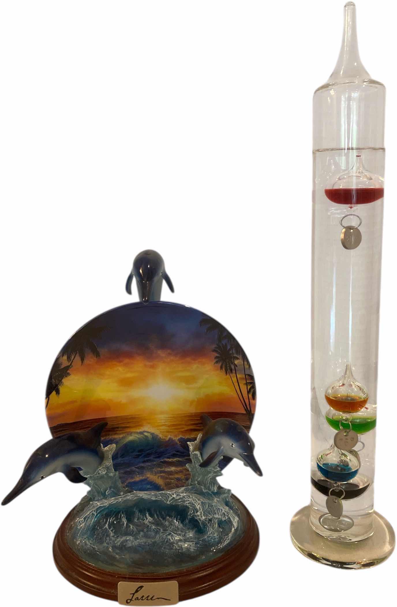 Photo 1 of DOLPHIN MAJESTY BY LASSEN RESIN SCULPTURE H9” & GLASS THERMOMETER H15”